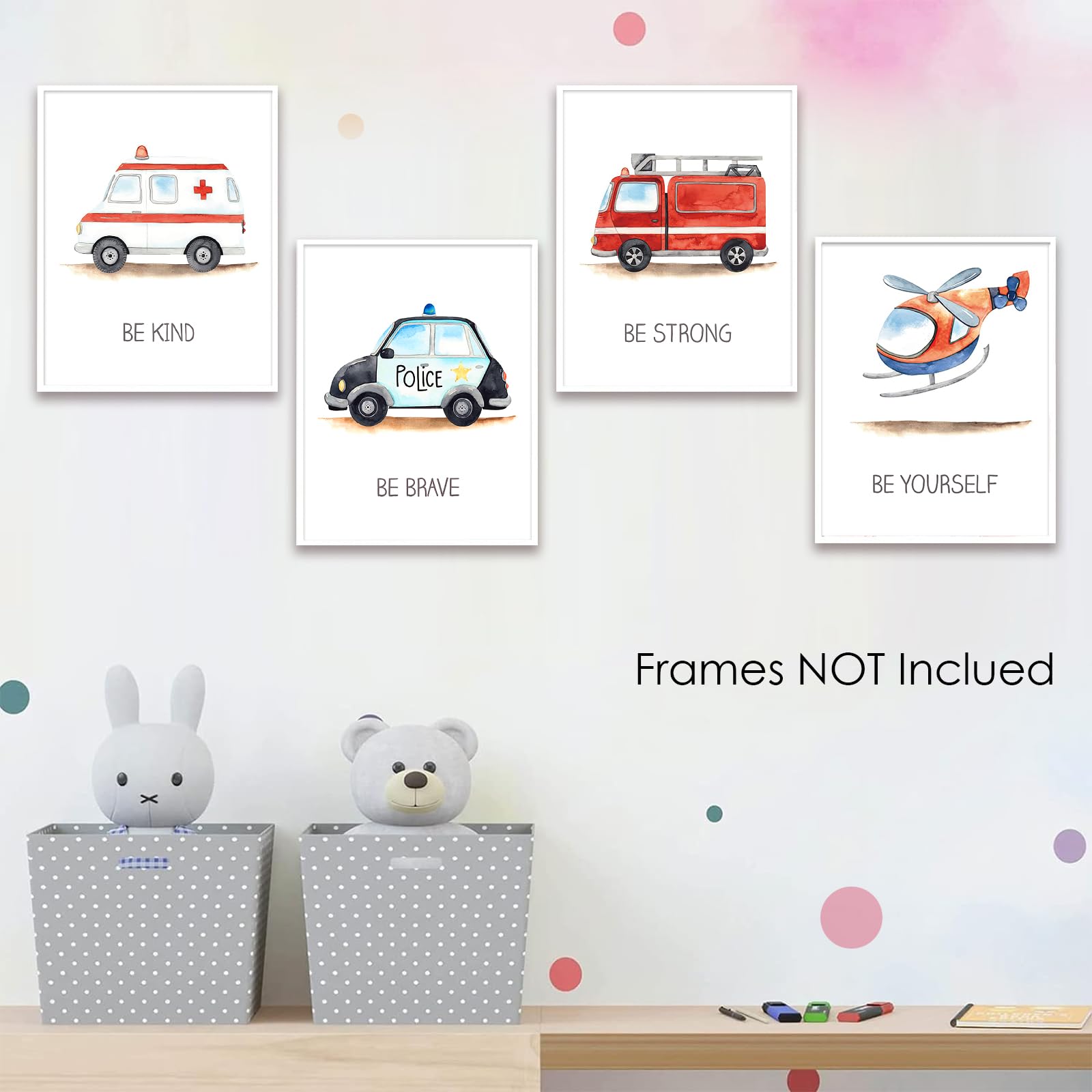 4 Pcs Emergency Vehicle Wall Art Car Nursery Decor Boys Room Wall Decor, Unframed, Cute Fire Truck Ambulance Police Car Transpor