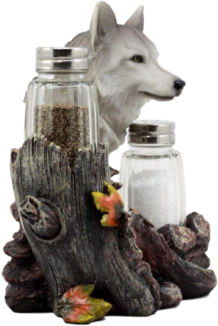 Dwk Gray Wolf Salt & Pepper Holder Figurine With Refillable Salt And Pepper Shakers | Rustic Wildlife Wolf Decor | Animal Decor