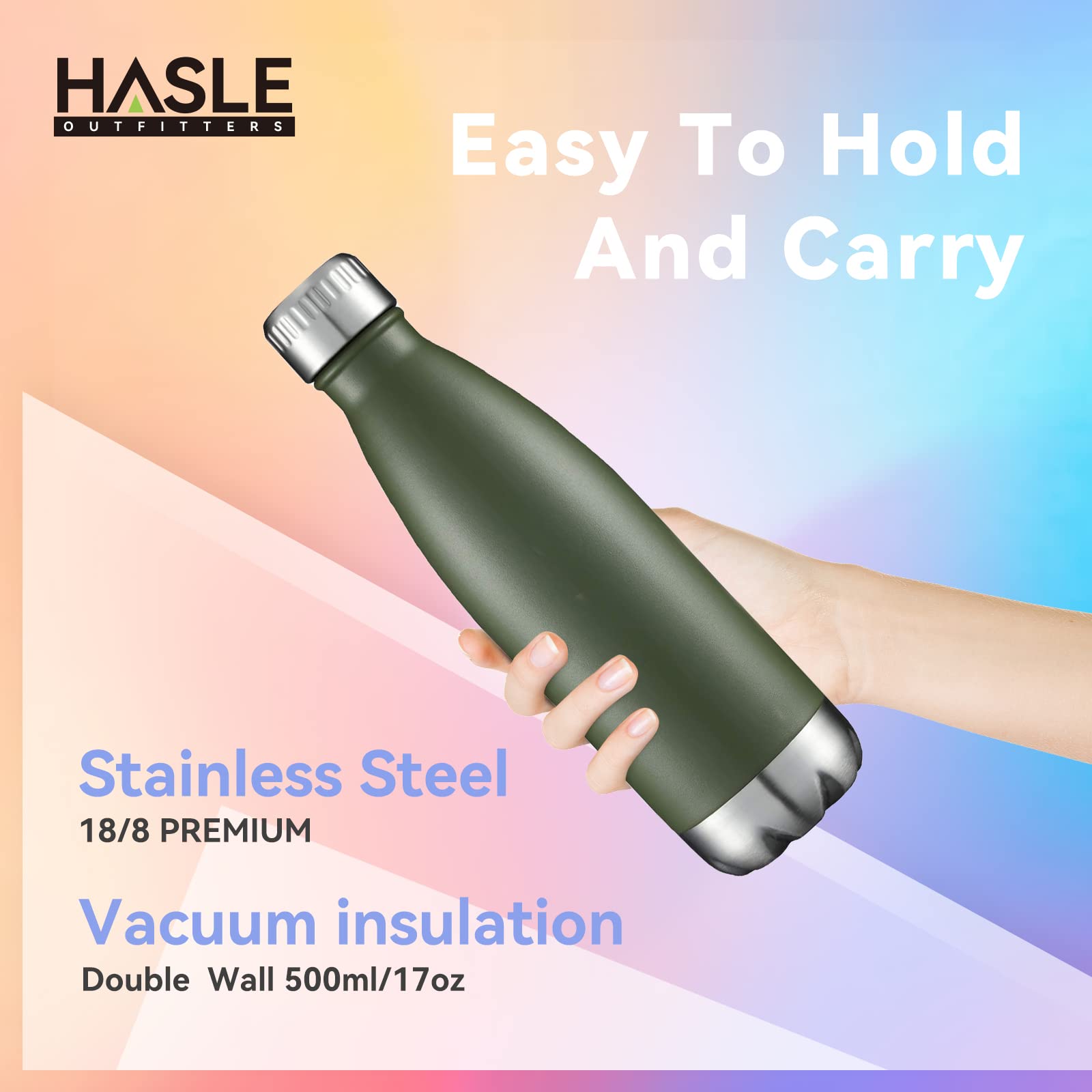 Hasle Outfitters 17Oz Stainless Steel Water Bottles, Vacuum Insulated Water Bottles Double Walled Powder Coated Reusable Metal S