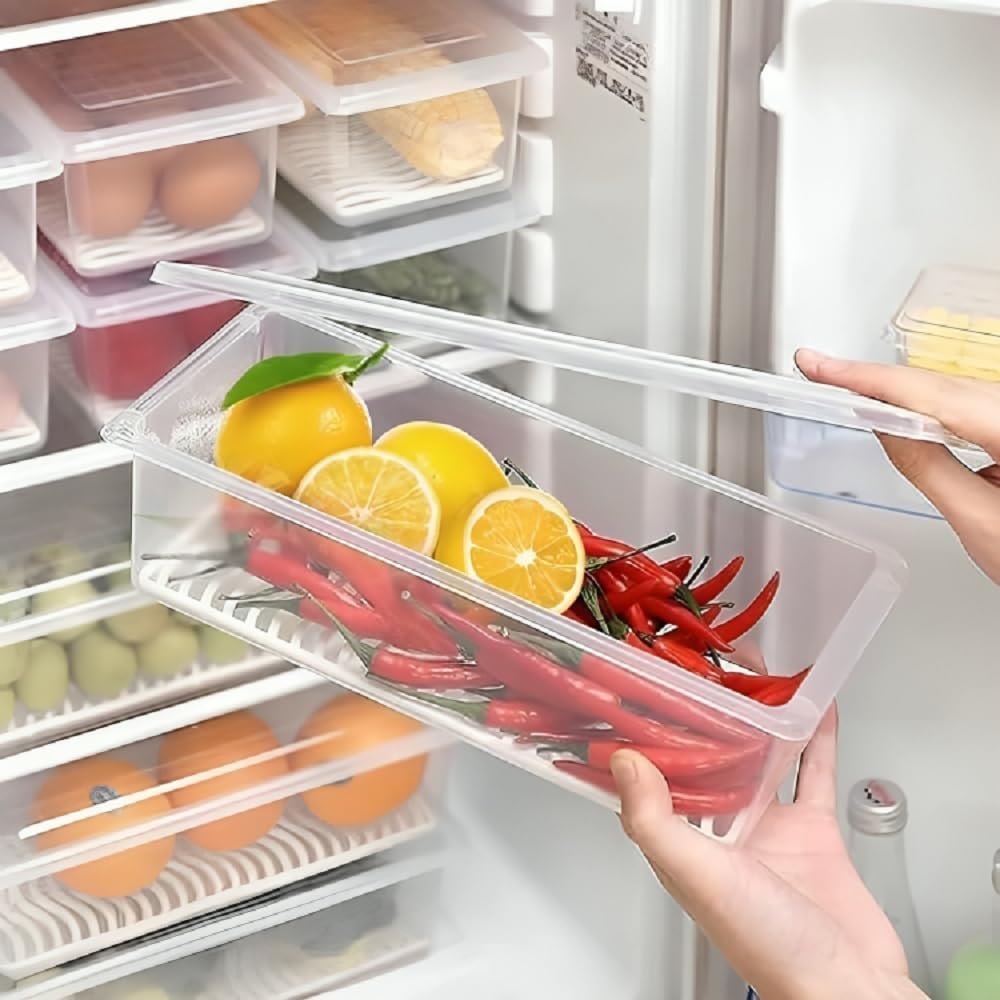 JadeX Fridge Storage Box Containers Stackable, Plastic, For Storing Vegetables, Meat, Fish, Fruit, With Removable Drain Tray Pl
