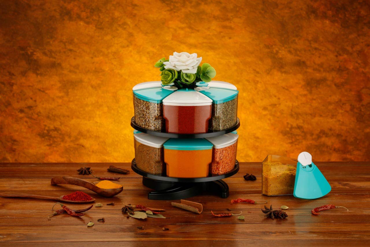 Dcloud Hub 360 Degree Revolving Round Shape Transparent Pack Of Selected Jar Spice Rack/Container (Double Layer Spice Rack, Sky 