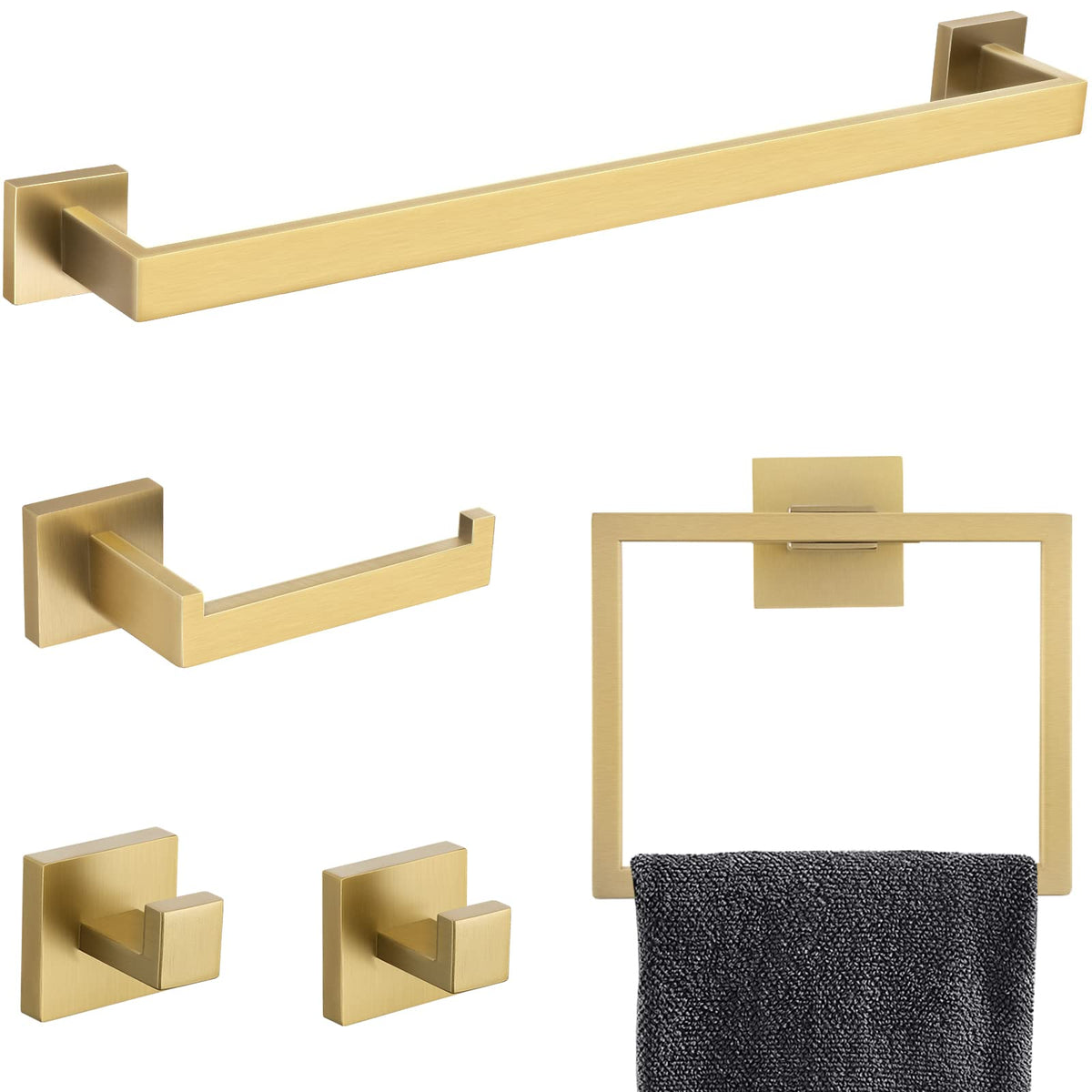 Tnoms Brushed Gold Towel Bar Set Bathroom Hardware Set, 5 Pieces Gold Bathroom Accessories Set Stainless Steel Wall Mounted Towe