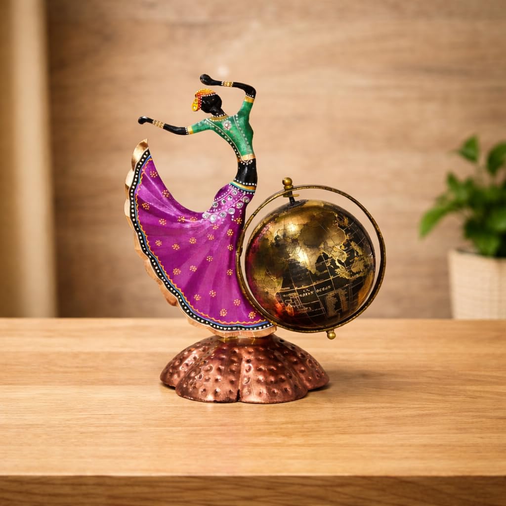Craftvatika Home And Office Decorative Globe Metal Table Top Showpiece Globe, Home Rajasthani Dancing Lady Decoration Items, Dec