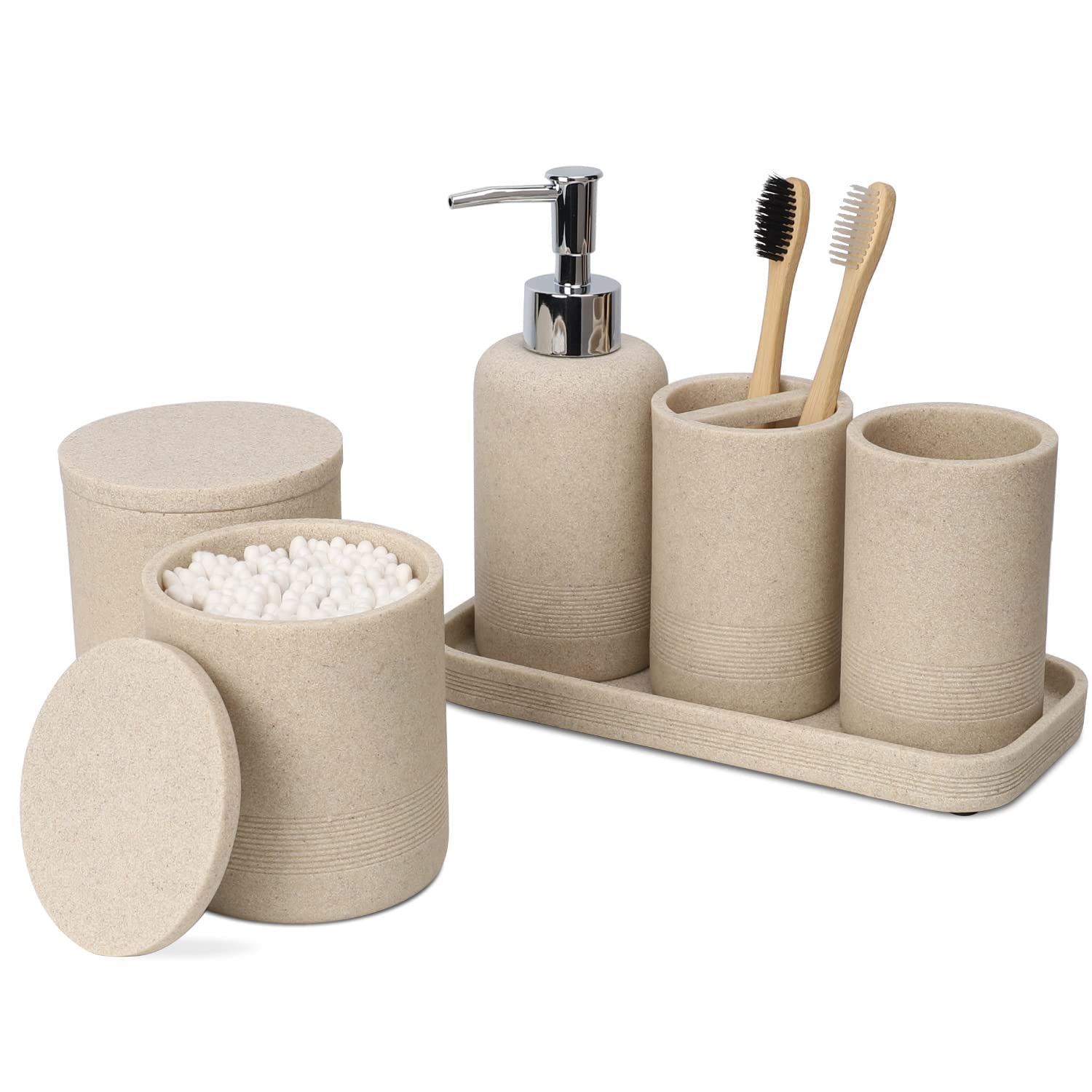 ZCCZ - Beige Bathroom Accessories Set 6 Pcs - Toothbrush Holder  Lotion Soap Dispenser  2 Qtip Holder Dispensers  Vanity Tray  Bathroom Tumbler - Countertop Vanity Organizer - Bathroom Accessory Set