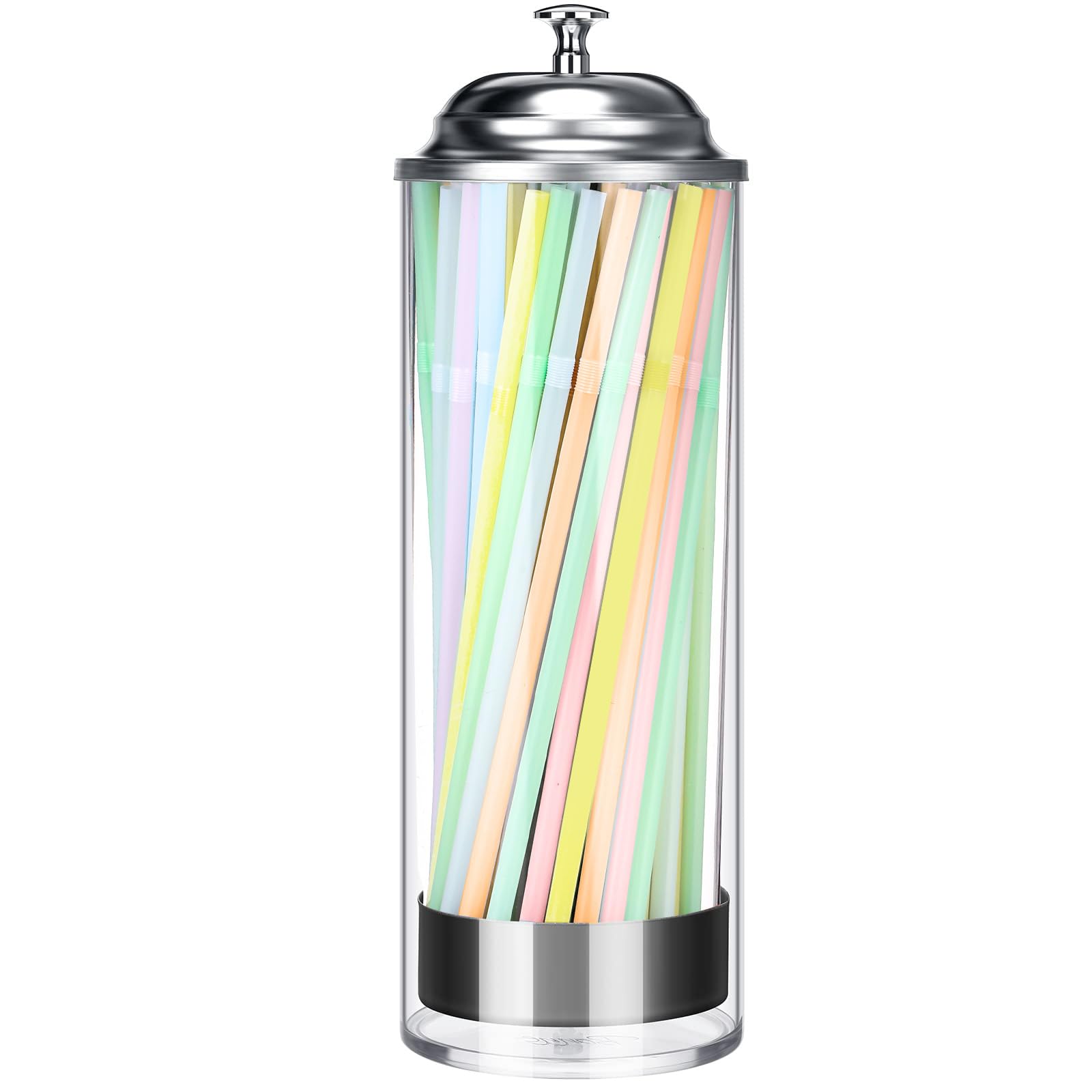 Patelai Plastic Straw Dispenser And 100 Pcs Drinking Straw Organizer Container With Stainless Steel Lid Transparent Drinking Str