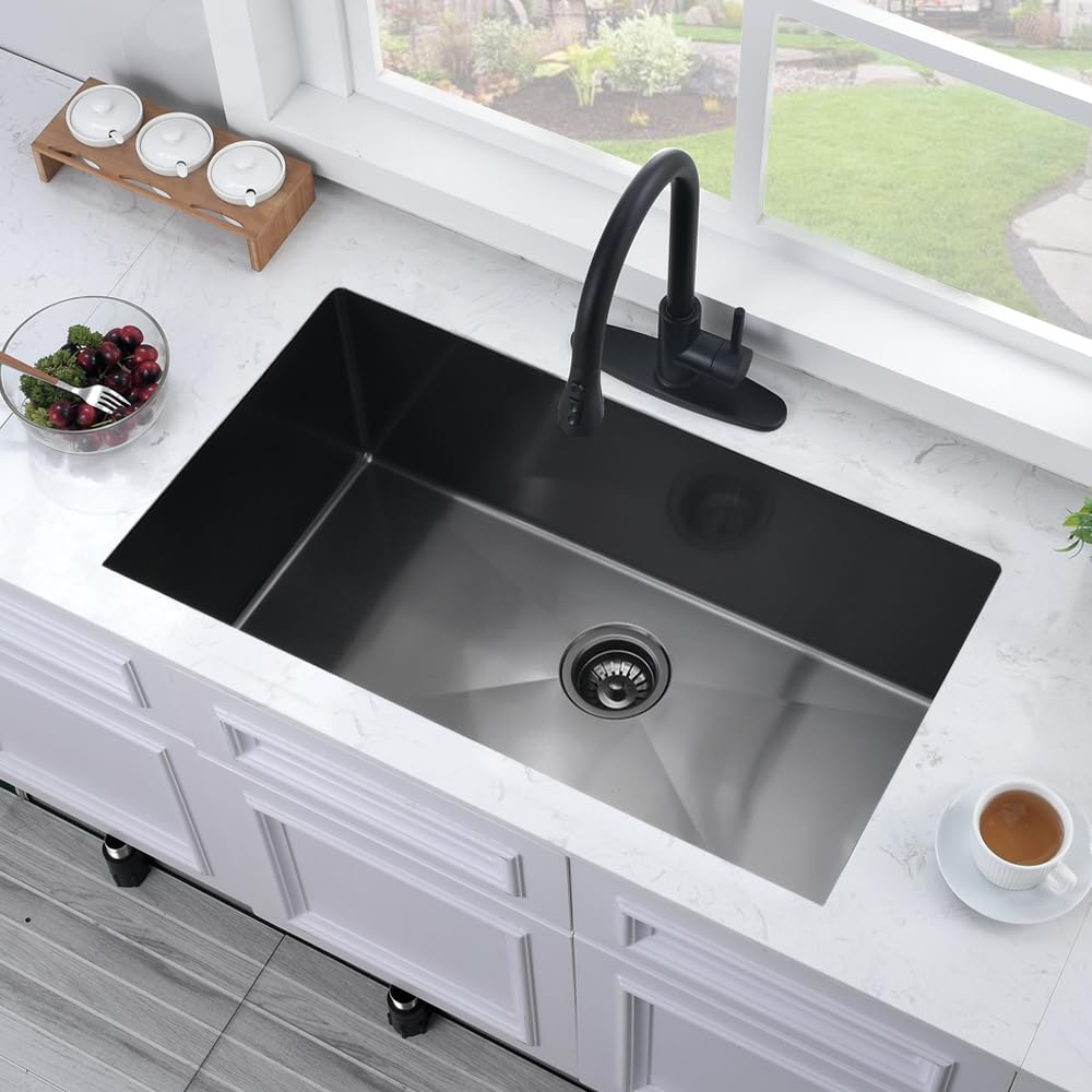 32 Inch Black Undermount Sink -Bokaiya 32X19 Undermount Kitchen Sink 18 Gauge Deep Single Bowl Stainless Steel Kitchen Sink With