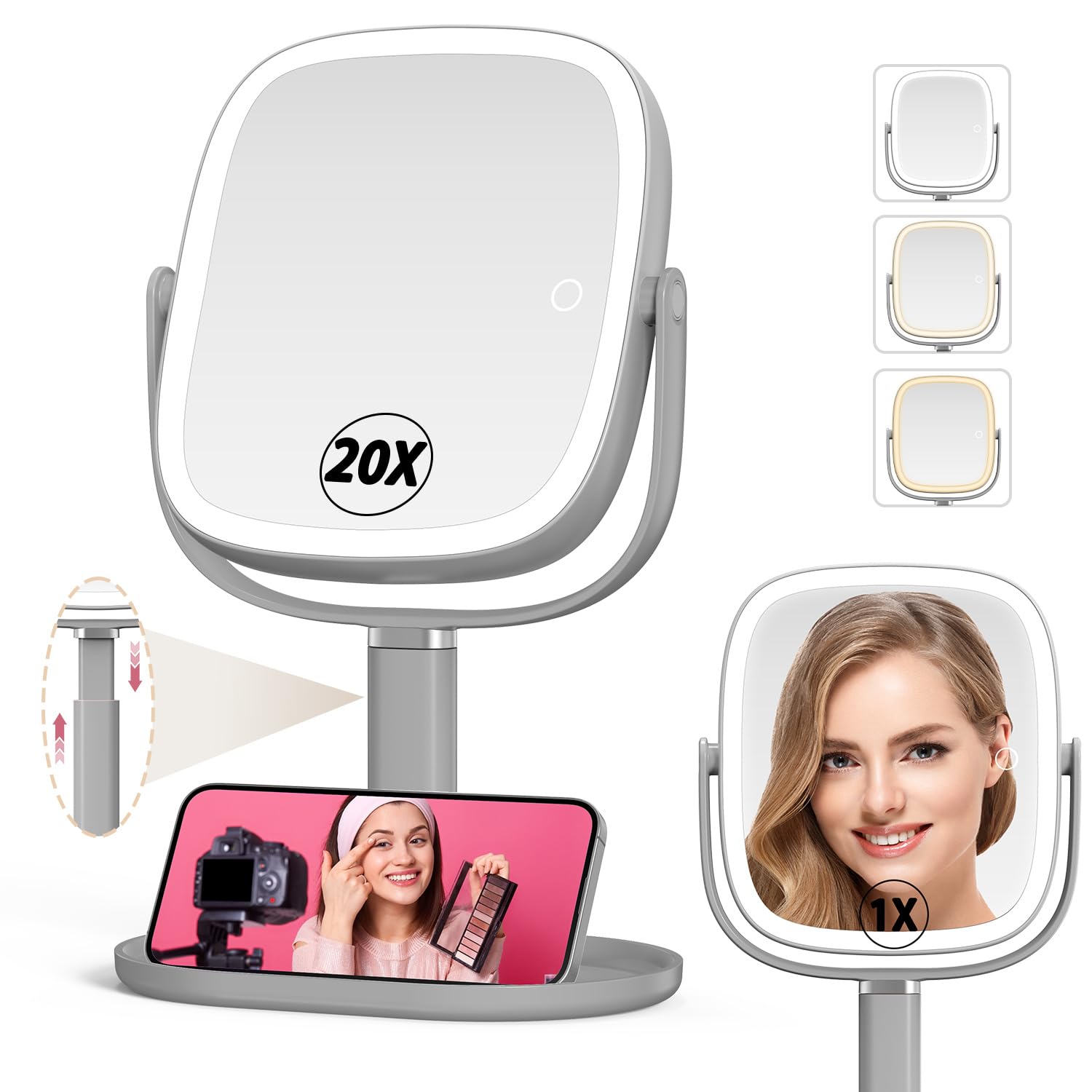 Mocado Makeup Mirror With Lights, 1X/20X Magnifying Mirror With Light, Vanity Mirror With 3 Colors Lights, Height Adjustable Lig