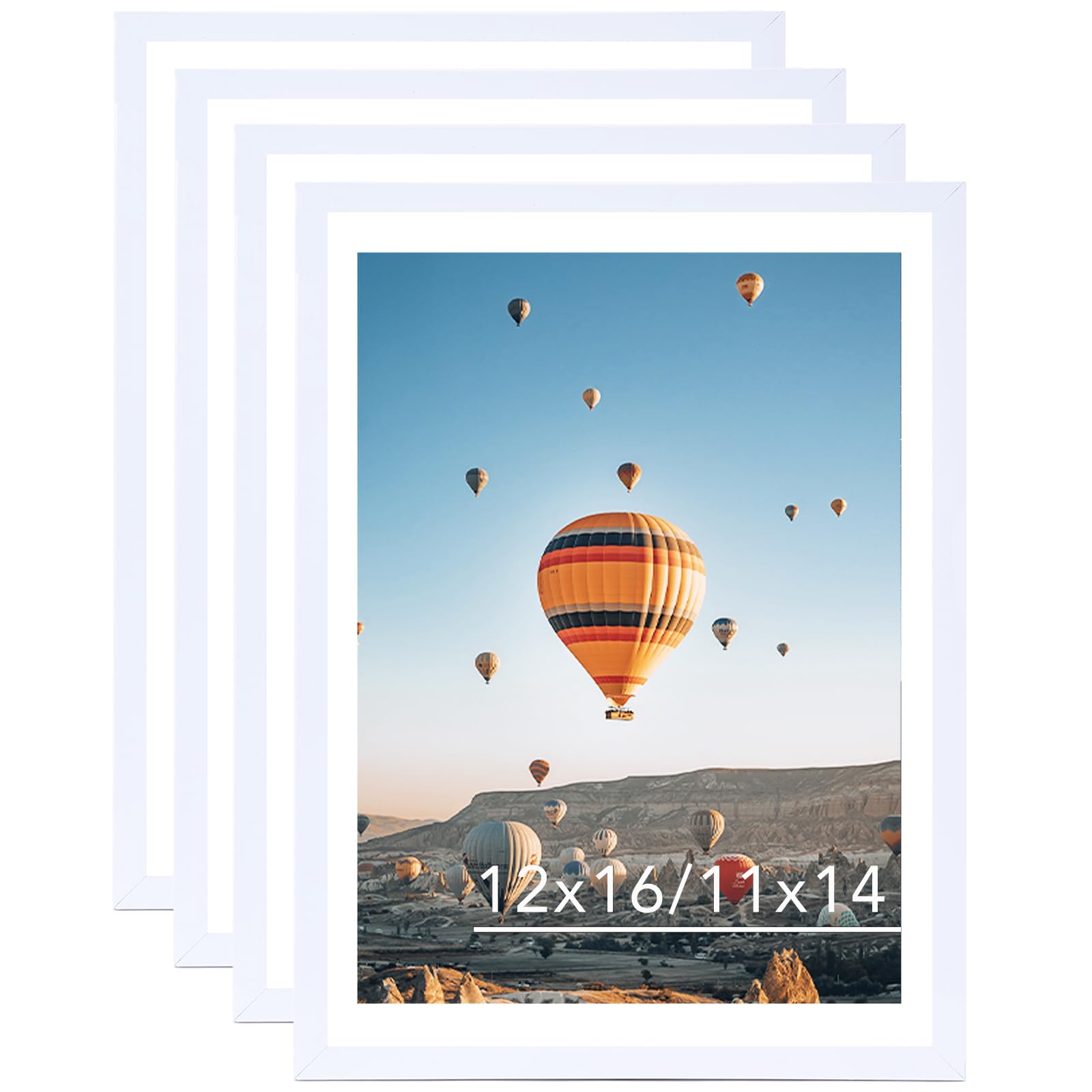 JCJMY 12x16 Picture Frame Set of 4 White with 11x14 Mat, Display Photo 11x14 with Mat or 12 x 16 Without Mat, Wall Hanging Large