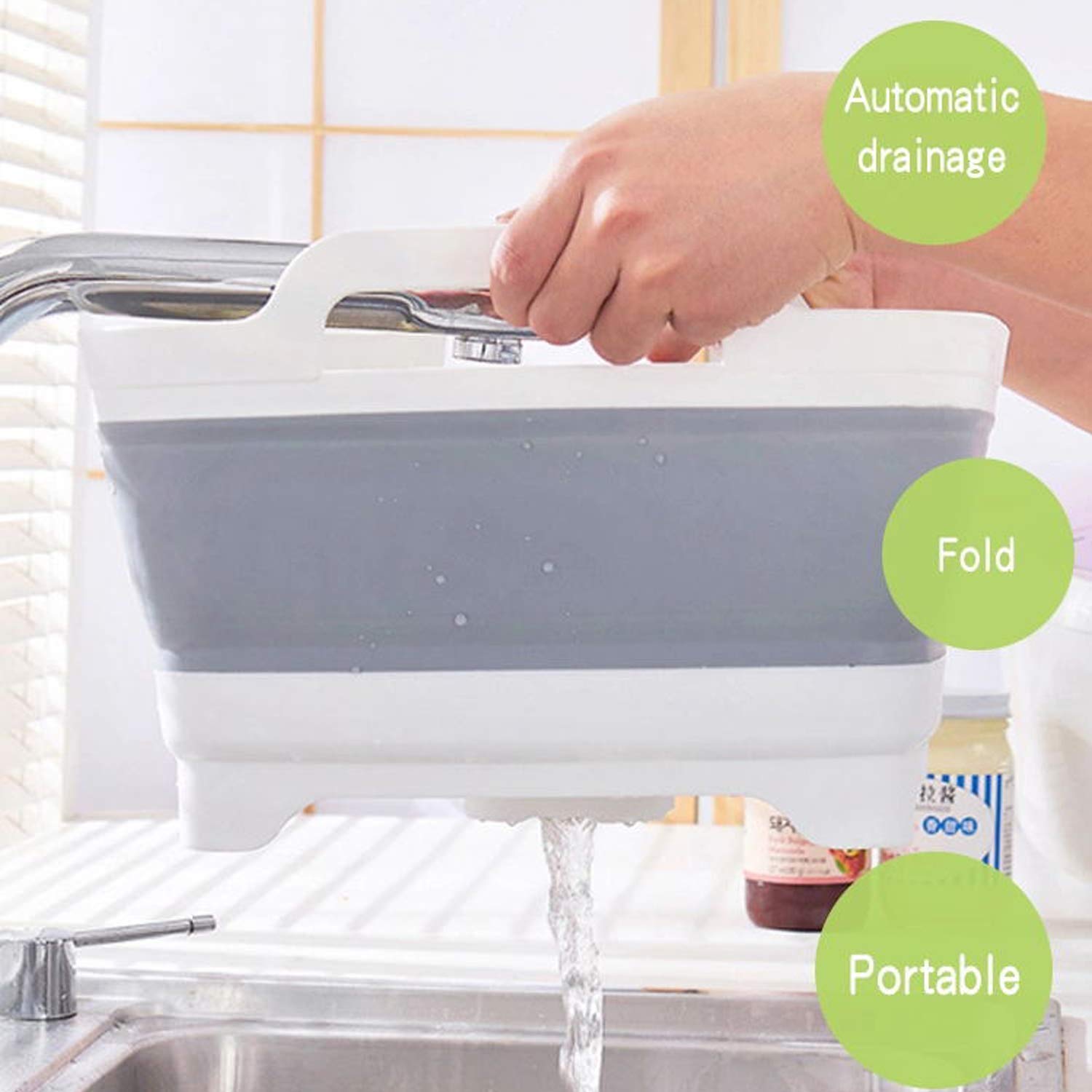 Leemeimei 9L (2.4Gal) Dish Basin Collapsible With Drain Plug Carry Handles,Kitchen Storage Tray Dish Wash Basin, Portable Dish T