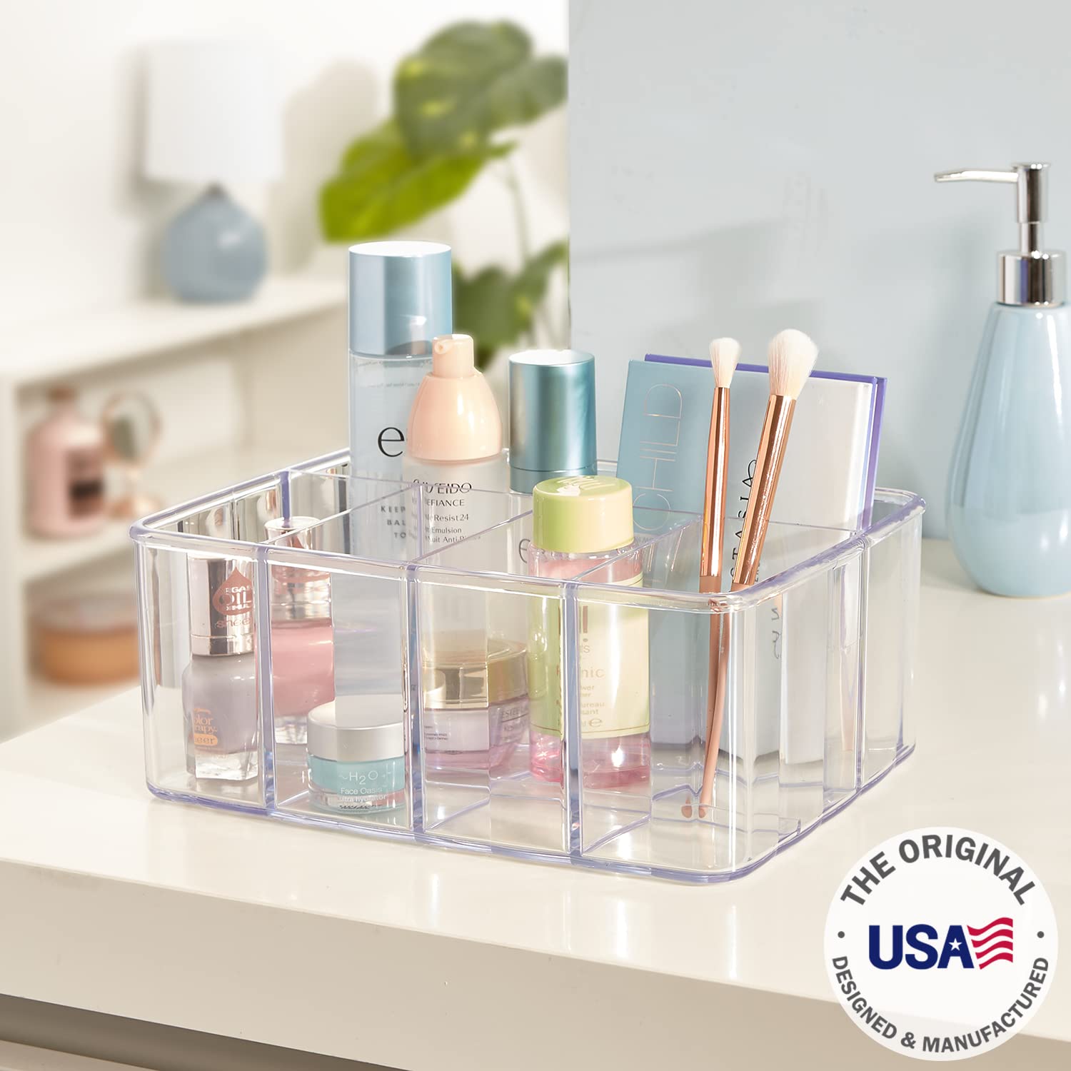 Stori 5-Compartment Clear Plastic Organizer | Rectangular Divided Makeup And Vanity Storage Bin And Office Desk Caddy | Scallope