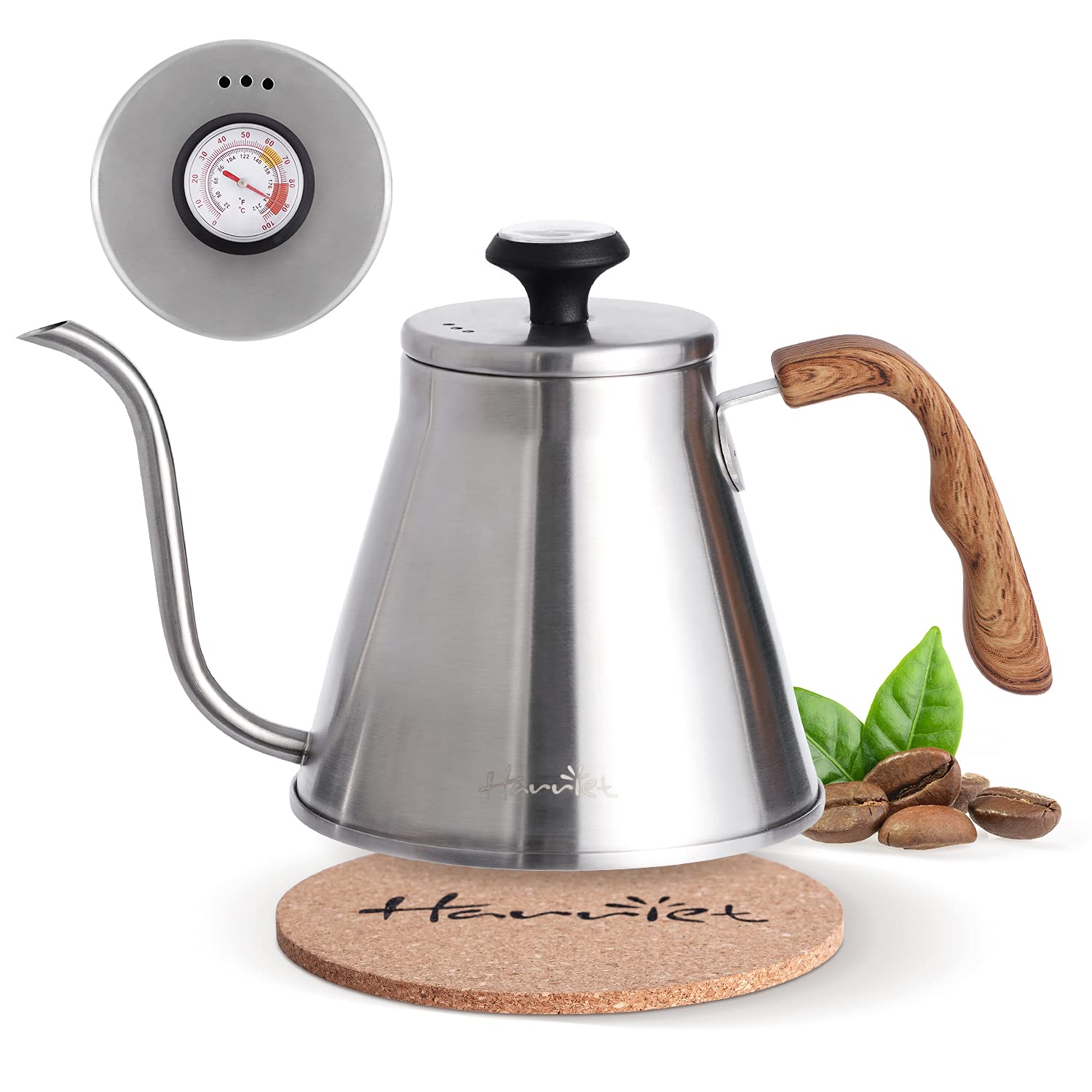 harriet Gooseneck Kettle, 37oz (1.1L) Pour Over Kettle with Built-in Thermometer Coffee Kettle with Anti-Hot Handle, Anti-Rust S