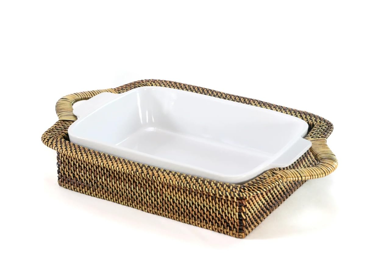 Calaisio Rectangular Casserole Basket with Stoneware Roaster, Medium 2QT Bake & Serve Dish Heat Resistant Tray Handcrafted, whit