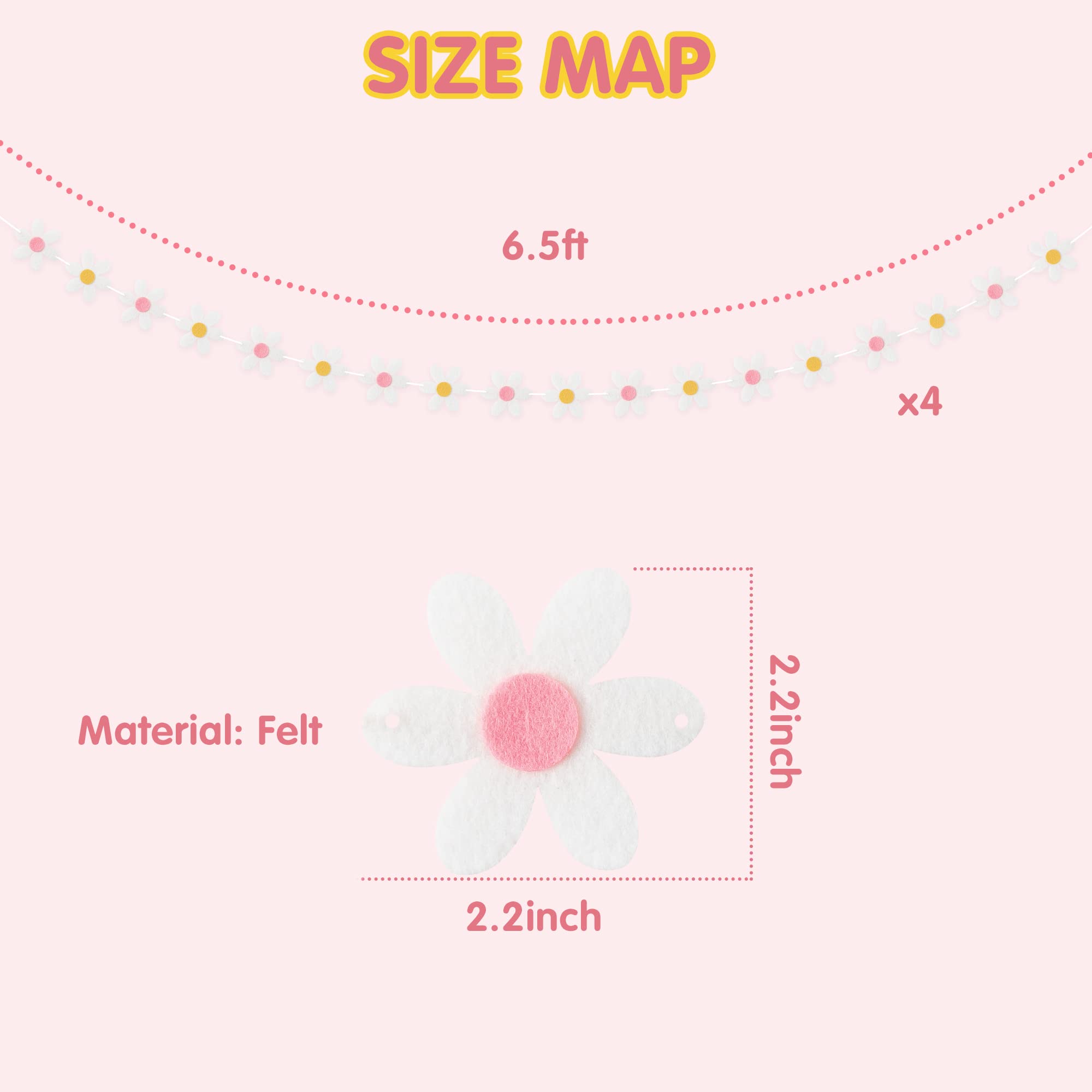 A1Diee 4Pcs Summer Daisy Groovy Boho Garland Felt Artificial White Flower Vines Banner Spring Daisy Party Supplies Flower Garlan