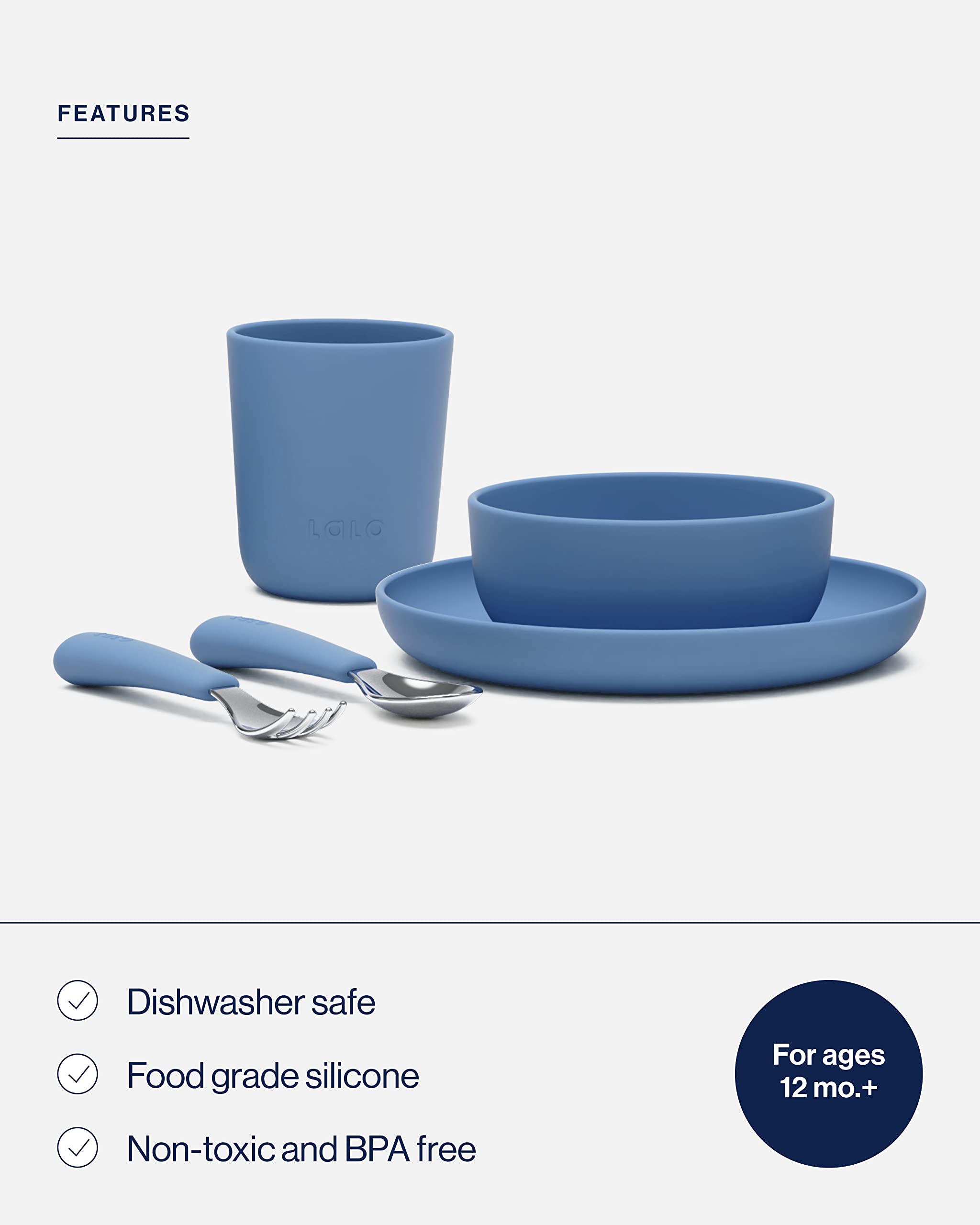 Lalo Big Bites Kids Dinnerware Set - 5 Piece Starter Kit, Dishwasher Safe, BPA Free, Blueberry