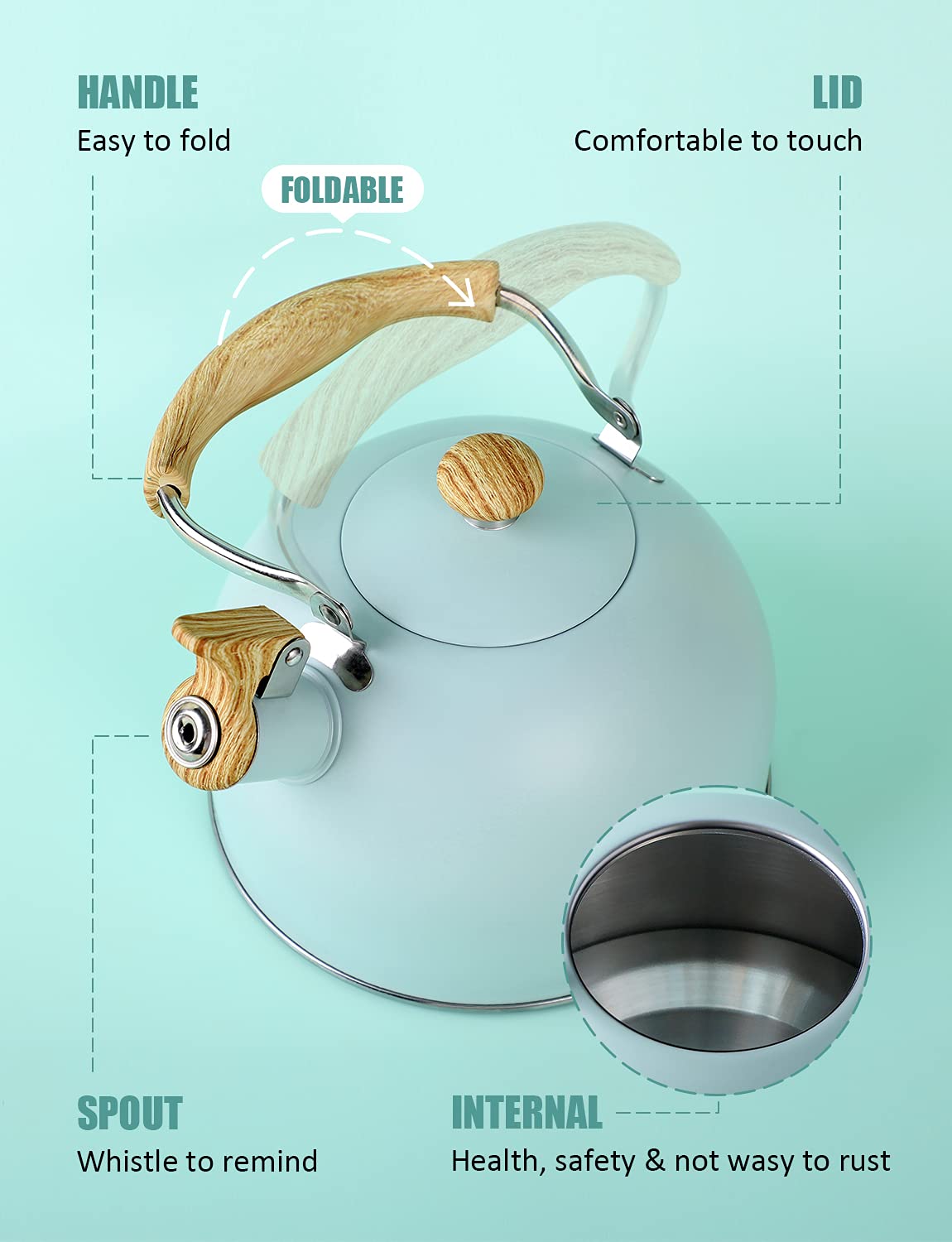Tea Kettle, Belanko 85 Oz / 2.5 Liter Whistling Tea Kettle, Tea Pots For Stove Top Food Grade Stainless Steel With Wood Pattern