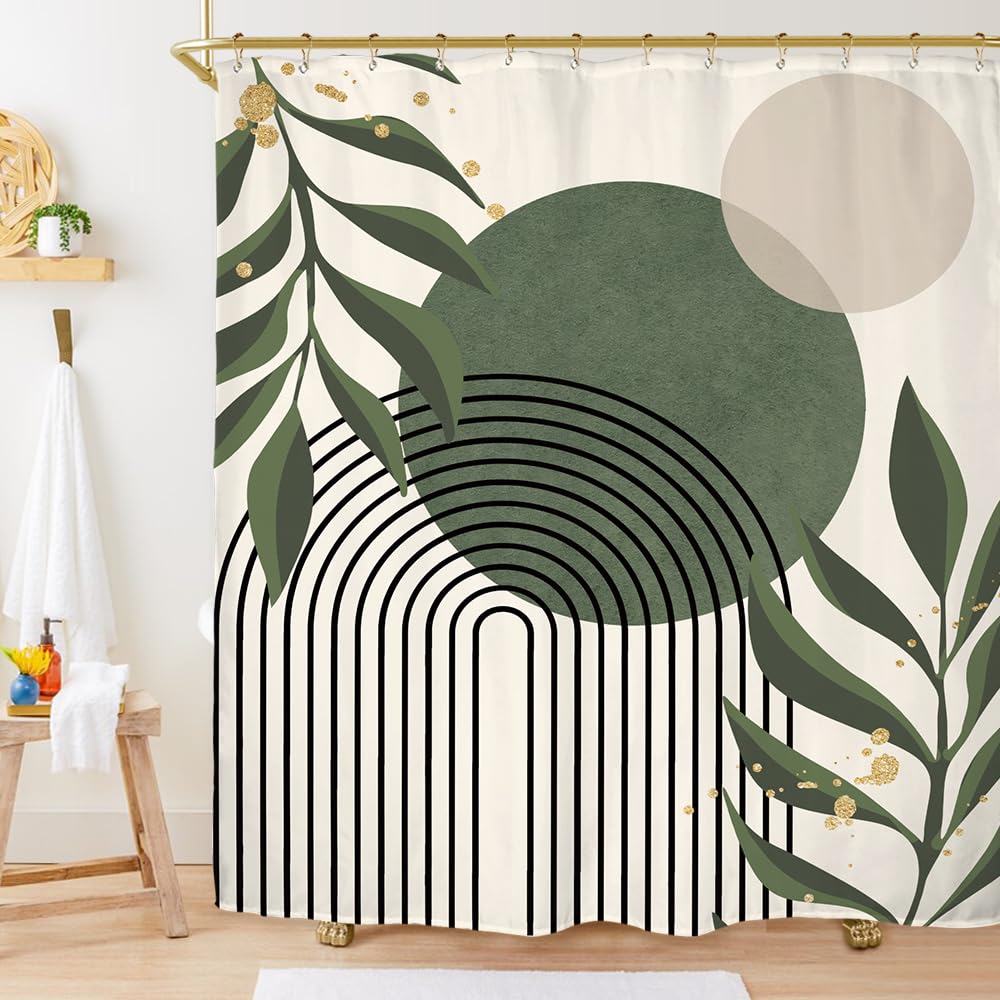 Miyotaa Abstract Sage Green Shower Curtain Set 71Wx71H Inches Minimalist Plant Aesthetic Modern Neutral Leaves Mid Century Water