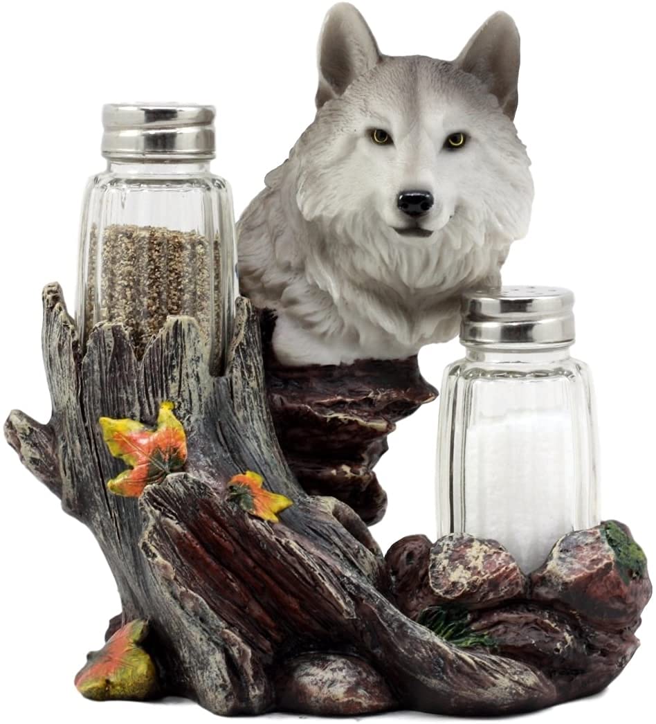 Dwk Gray Wolf Salt & Pepper Holder Figurine With Refillable Salt And Pepper Shakers | Rustic Wildlife Wolf Decor | Animal Decor