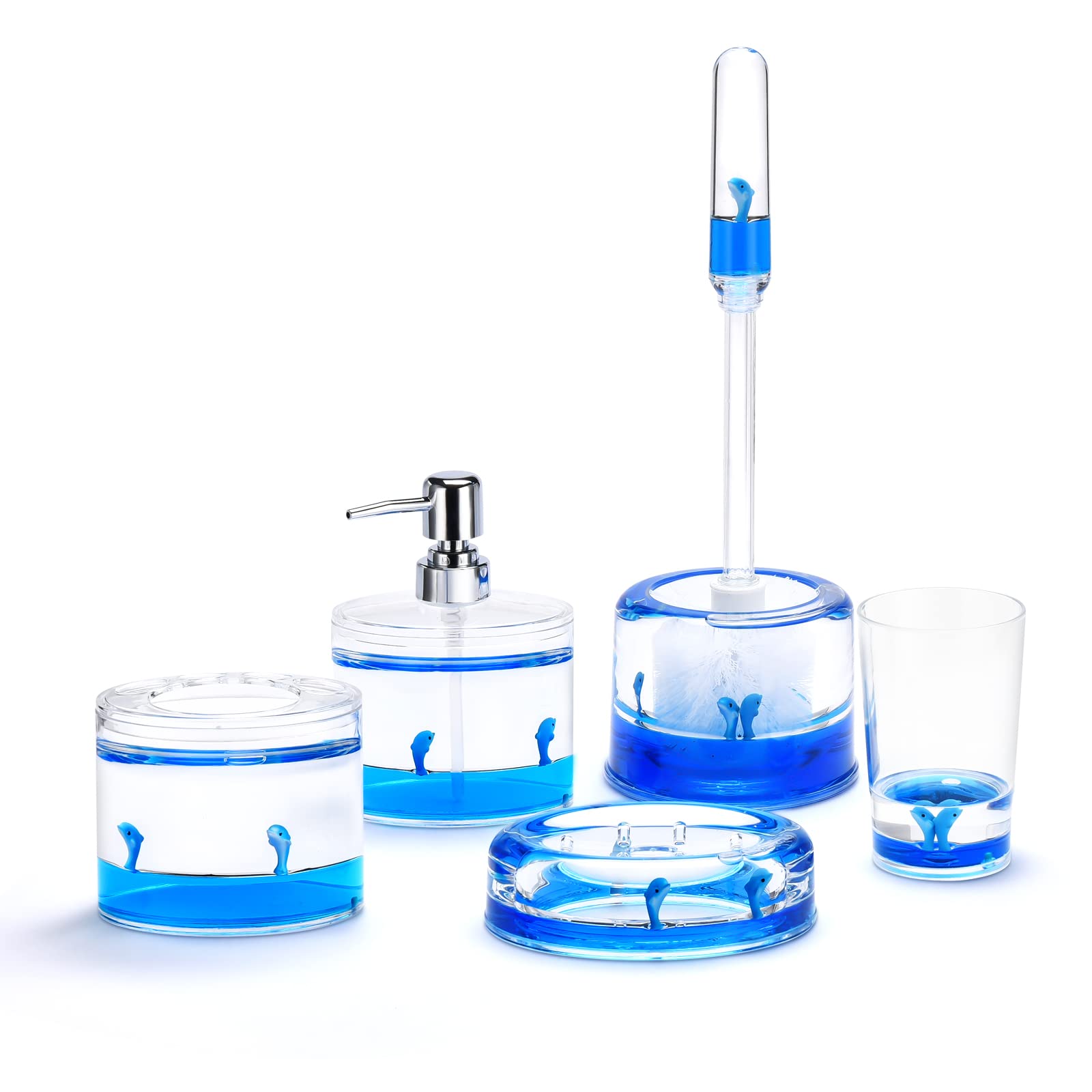 Locco Decor 5 Piece Acrylic Liquid 3D Floating Motion Bathroom Vanity Accessory Set Dolphin