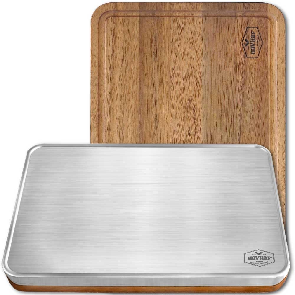 HAVHAF Stainless Steel Cutting Boards For Kitchen With Lip(Wood & Metal, 15x10) - Non Plastic Non Toxic Acacia Wooden Double Sid