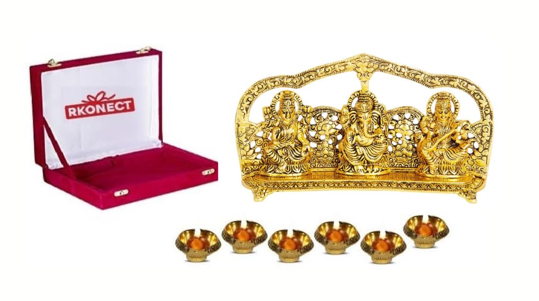 Rkonect Gold Plated Metal Laxmi Ganesh Saraswati Idol Murti Statue Under Velvet Gift Box With 6 Piece Diya || Size:- L 24 W 5 H 