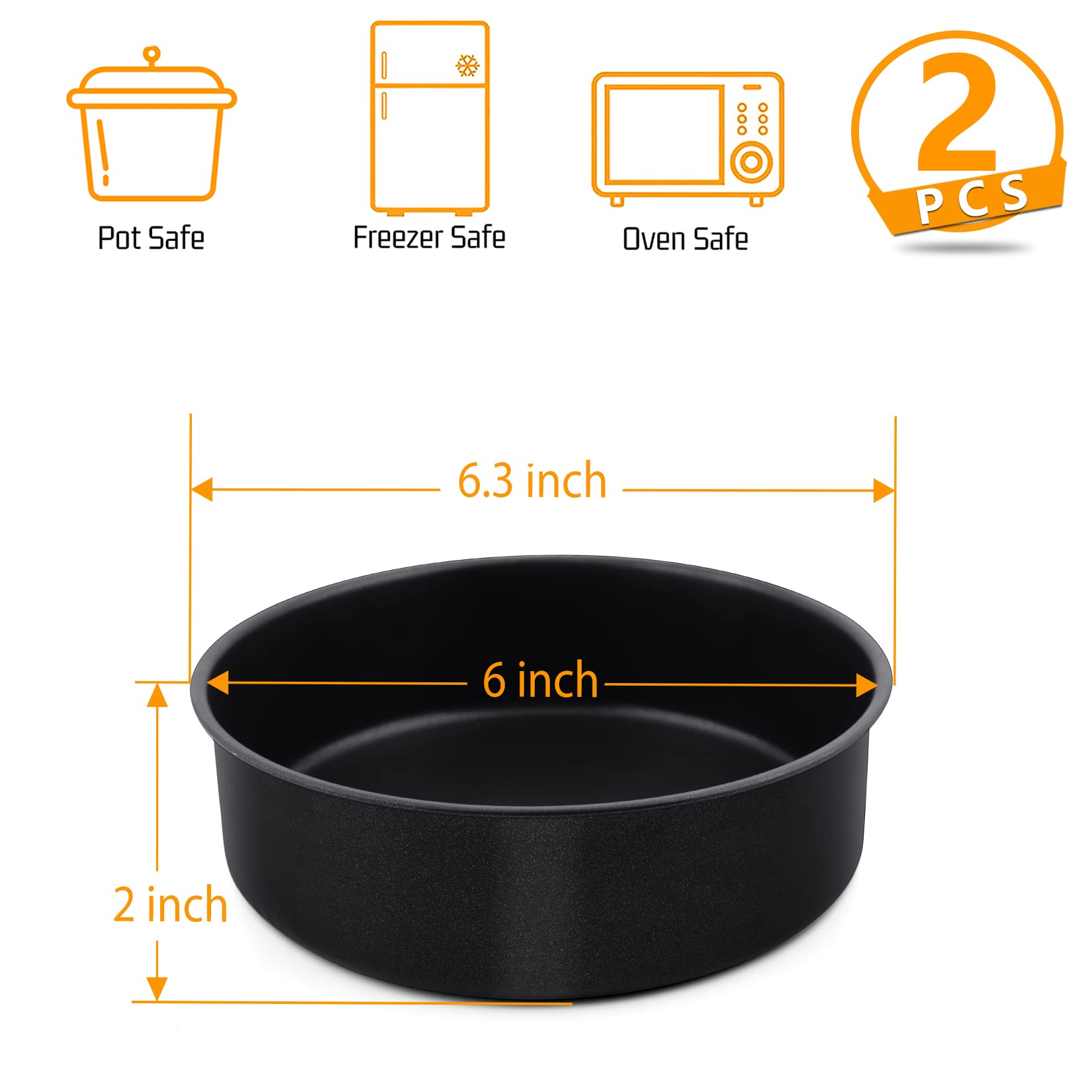 P&P Chef 6 Inch Non-Stick Cake Pans Set Of 2, Round Baking Pans Bakeware For Layered Cakes, Non-Toxic, Stainless Steel Core & On