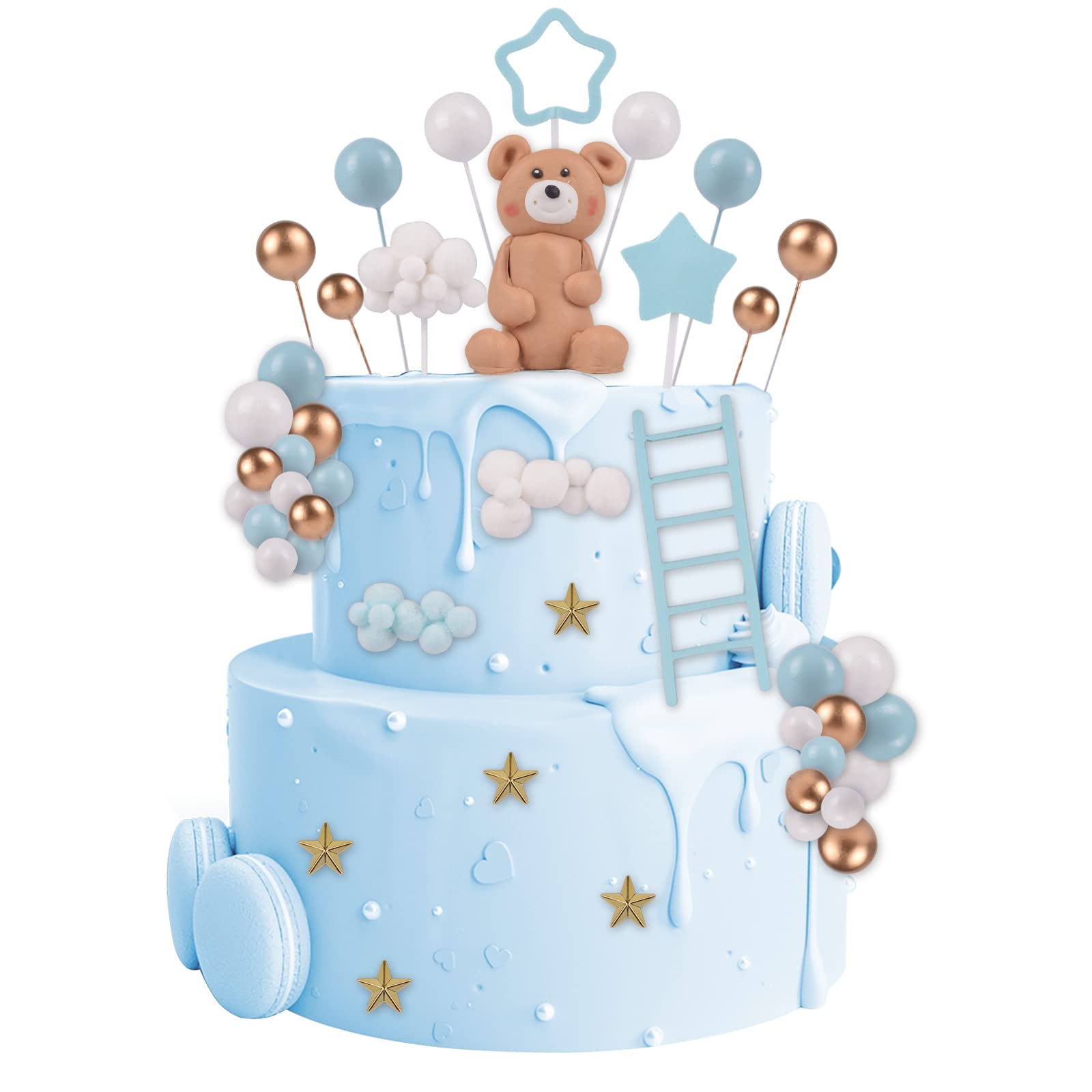 46 Pcs 3D Bear Balls Cake Toppers Brown Teddy Bear For Birthday Party Wedding Baby Shower Supplies(Blue)A