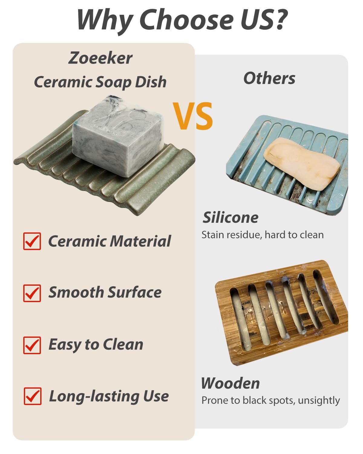 Zoeeker Soap Holder Soap Dish, Ceramic Soap Saver Bar Soap Tray Non-Slip Bathroom Accessories For Soap, Sponges, Scrubber, Razor