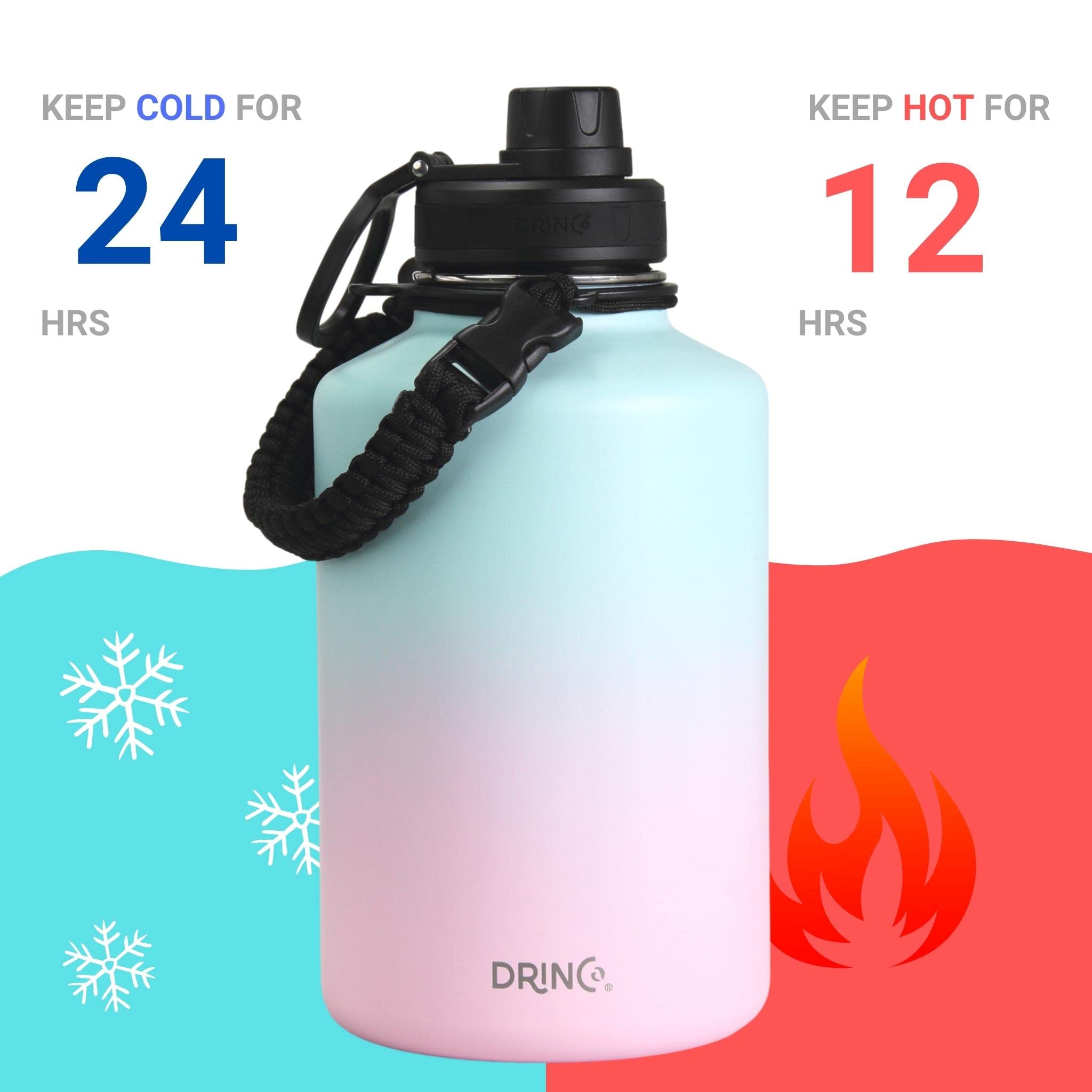 Drinco Stainless Steel Water Bottle Spout Lid Vacuum Insulated Double Wall Water Bottle Wide Mouth (64Oz 40Oz 32Oz 22Oz 18Oz 14O