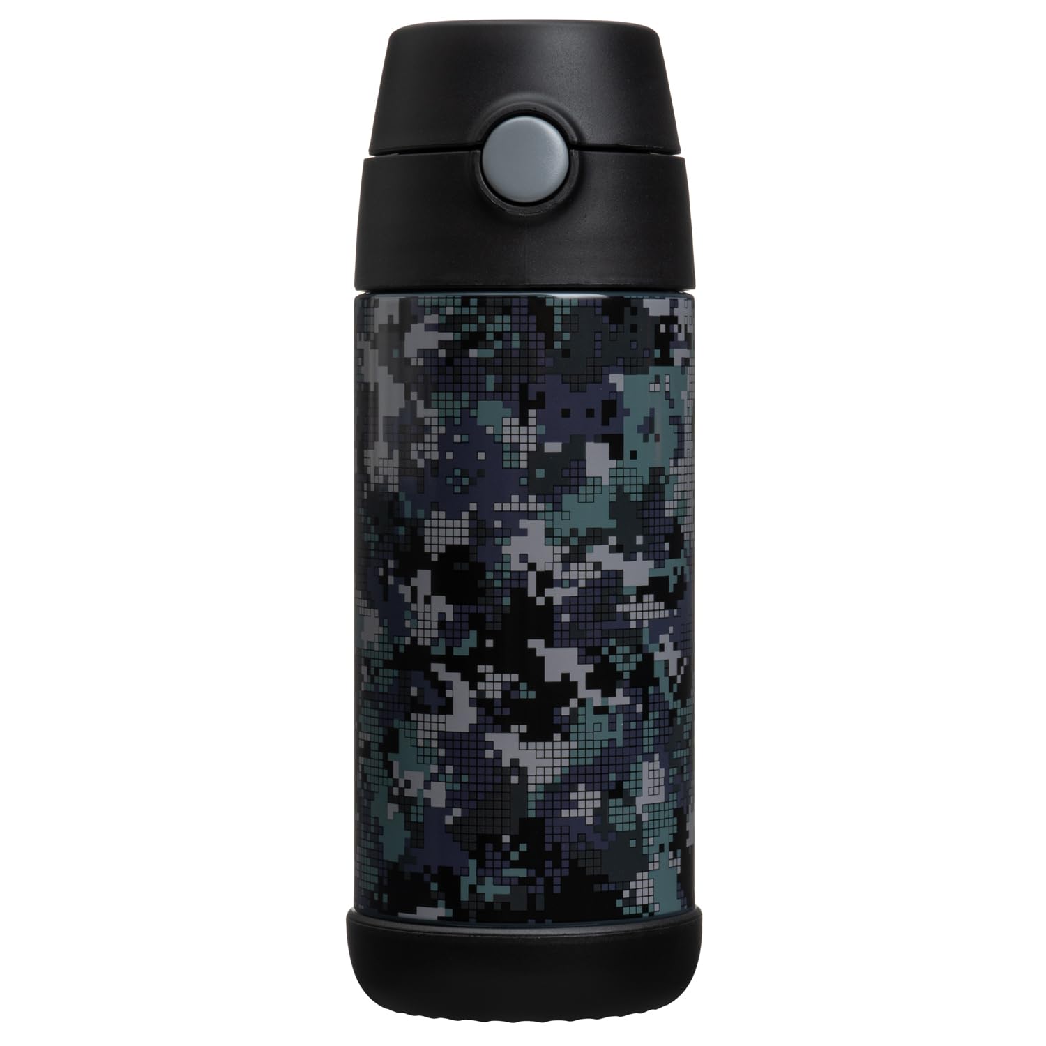 Snug Kids Water Bottle - insulated stainless steel thermos with straw (girlsBoys) - Black Digi camo  12oz
