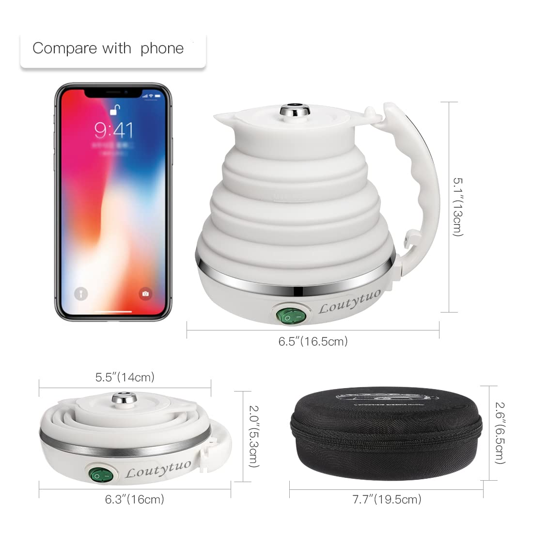 Ultrathin Upgraded Food Grade Silicone Travel Foldable Electric Kettle Boil Dry Protection Portable with Dual Voltage and Separable Power Cord 555ML 110-220V US Plug