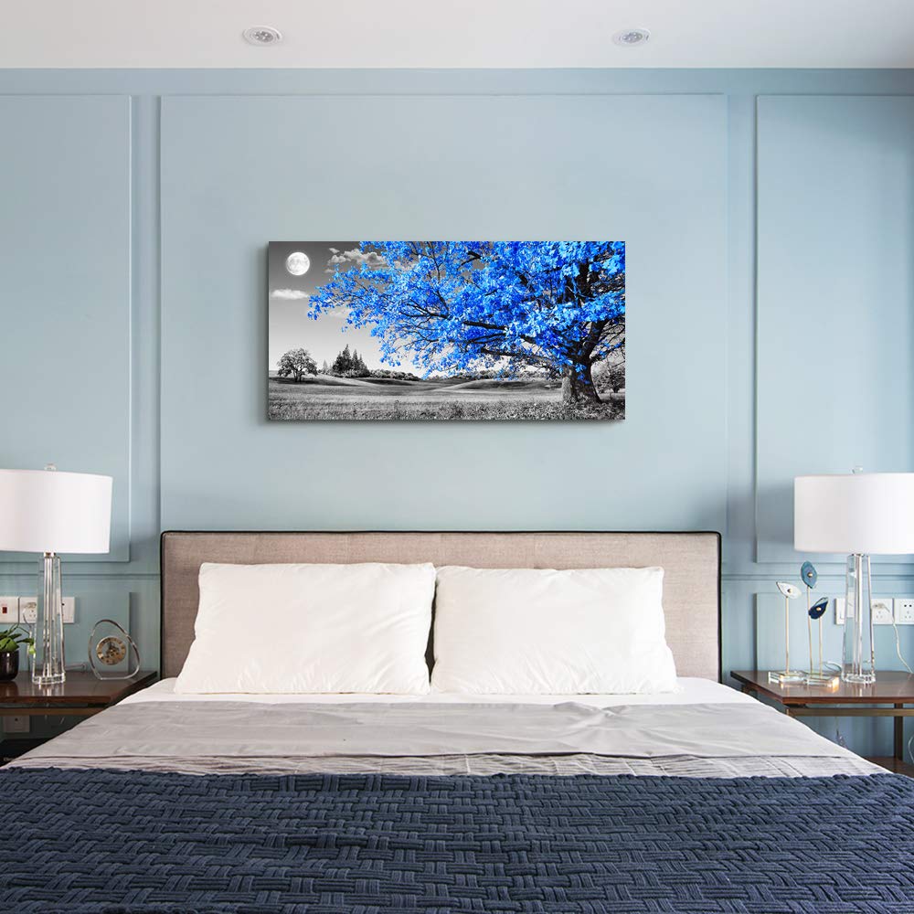 wall art for living room Simple Life Blue moon tree landscape Abstract painting office Wall Decor 20'' x 40'' single Pieces Canvas Prints Ready to Hang for Home Decoration Black and white Works of art