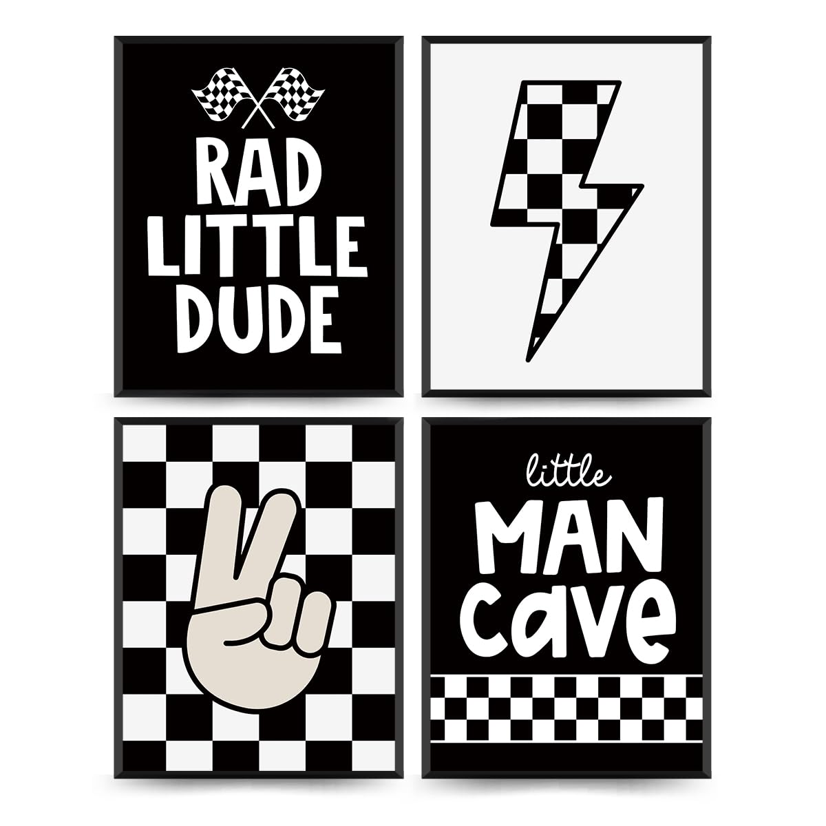 Plkmn Rad Little Dude Prints Set Of 4,Preppy Peace Hand Lightning Sign Racing Flag Poster Prints,Retro Black Buffalo Plaid Decor