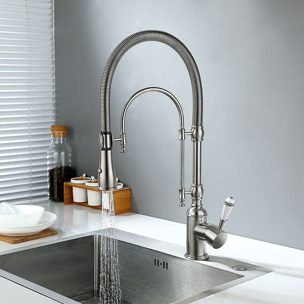 Kunmai Single Handle High Arc Swiveling Dual-Mode Pull-Down Sprayer Kitchen Sink Faucet With Porcelain Handle In Brushed Nickel,