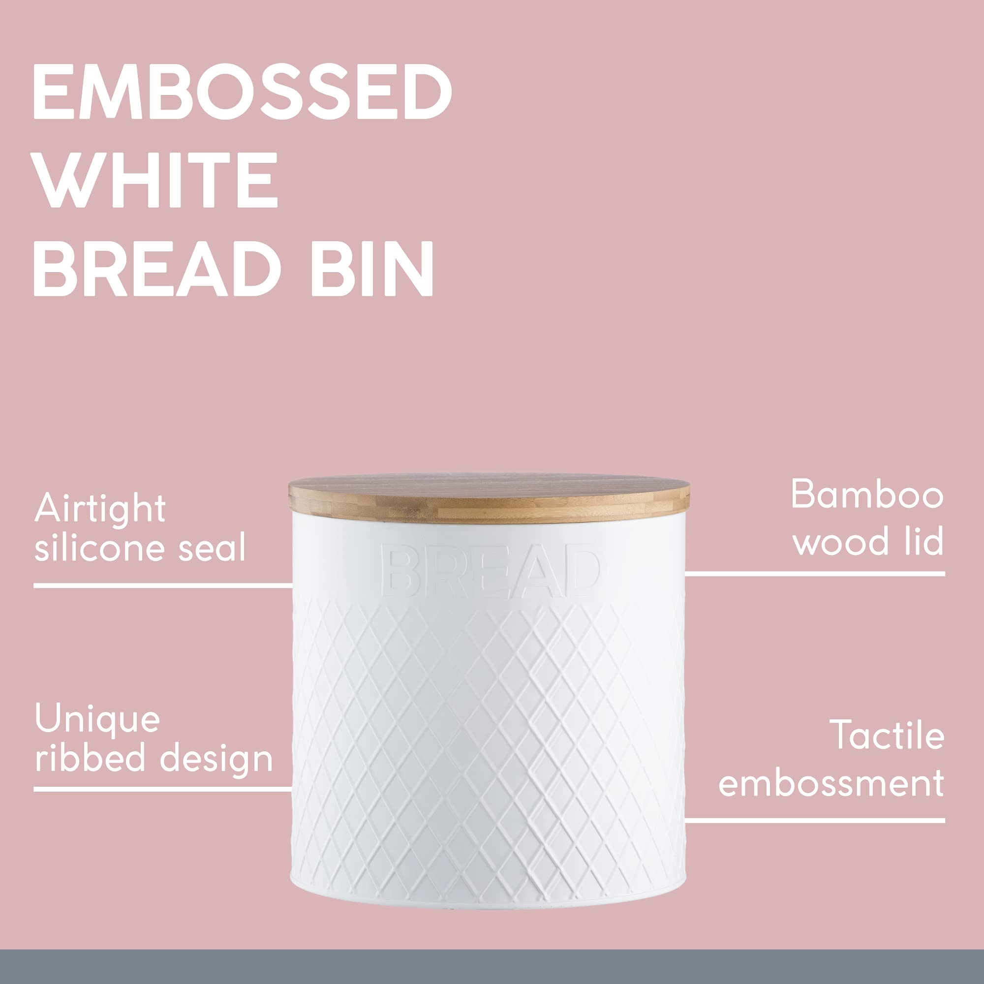 Typhoon Living Embossed Round, Stainless-Steel, White Bread Bin, 25 X 25 X 25 Cm