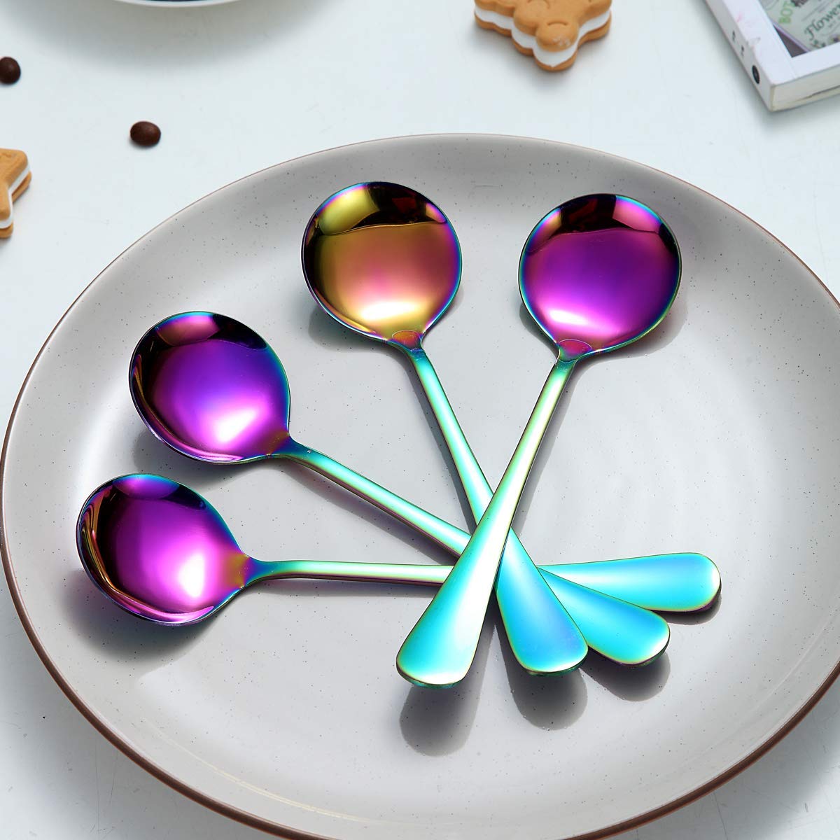 Rainbow Soup Spoon Of 4, Berglander 7.5'' Stainless Steel Titanium Plating Shiny Mutilcolor Round Spoons Silverware, Colorful Ta