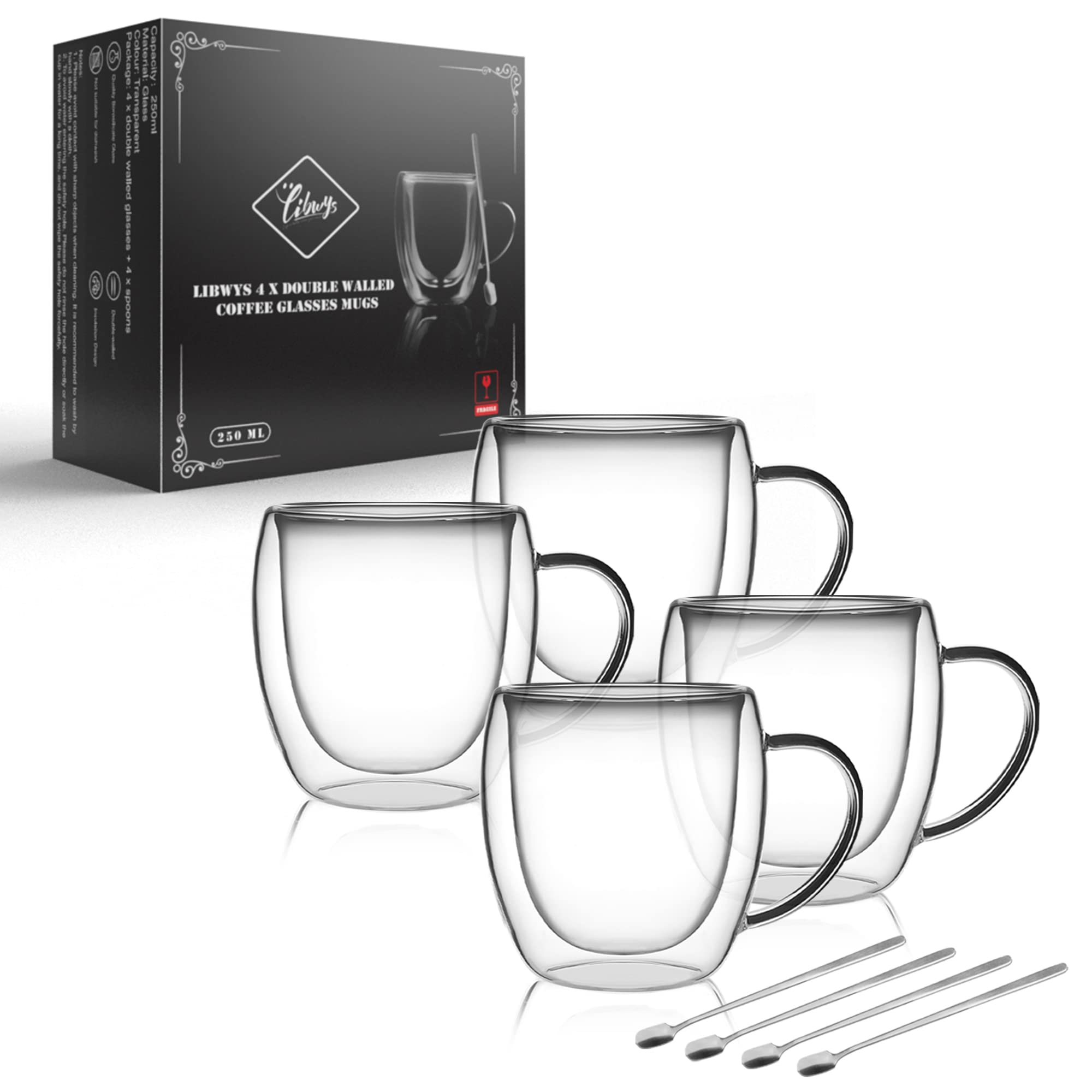 LIBWYS 4 Pack 250ml Double Walled Glass Coffee Mugs with 4 Spoons, Cappuccino Latte Tea Cups with Handle, Heat Resistant Drinkin