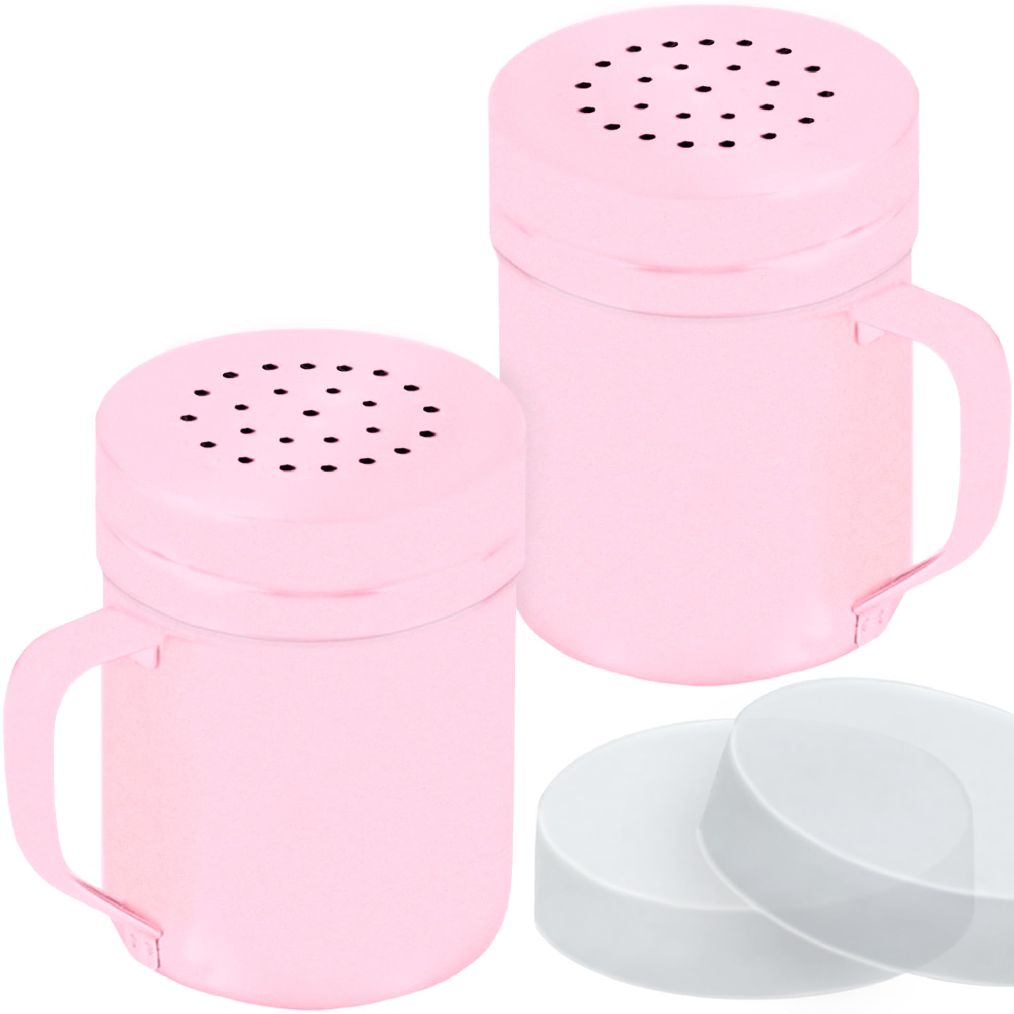 CUSINIUM 6oz Pink Stainless Steel Salt Pepper Dredge Shakers - With Plastic Cap - With Handle - Pack of 2
