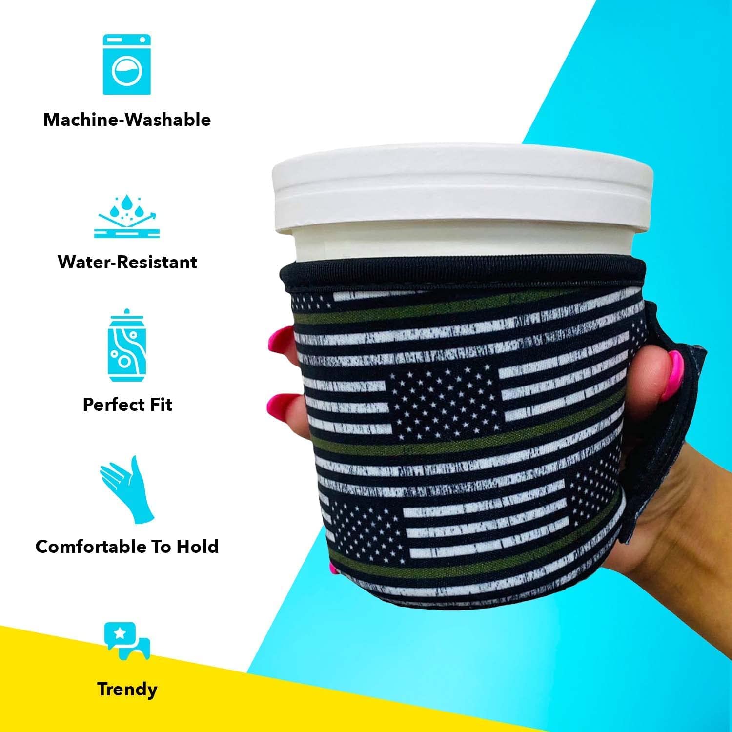 Lit Handlers Ice Cream Cooler Sleeve - Neoprene Ice Cream Pint Holder with Handle & Pocket - Tear Resistant Cooler & Container - Machine Washable & Leak Proof Cup Cover for Yogurt(Black Out USA Flag)