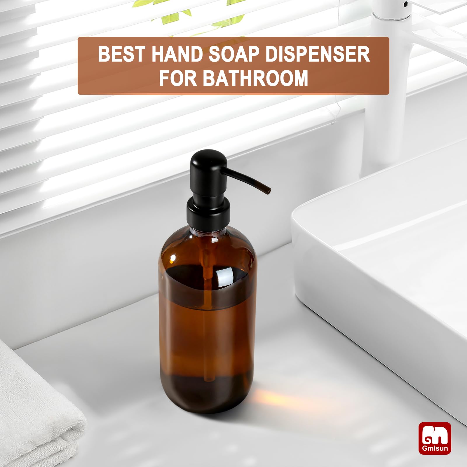 Gmisun Amber Glass Soap Dispenser, 1 Pack Dish Soap Dispenser For Kitchen With Rustproof Stainless Steel Pump, 16 Oz Bathroom Ha