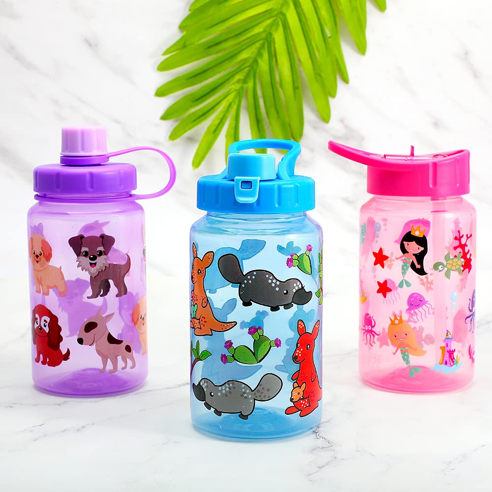 Home Tune 3 Pack 16Oz Kid Water Drinking Bottle - Bpa Free, Flip Straw Cap, Carry Loop, Chug Lid, Wide Mouth, Lightweight, Leak-