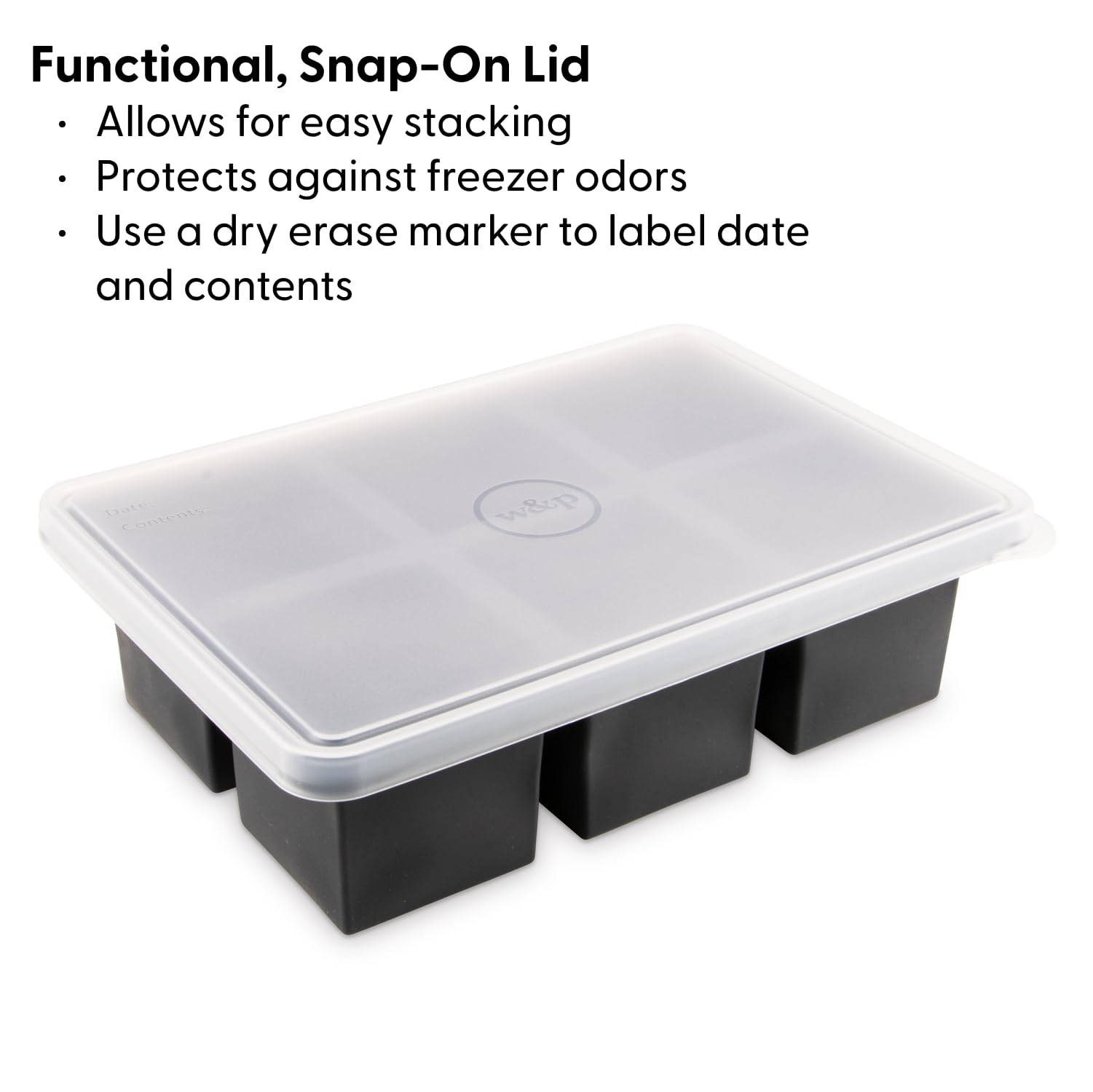 W&P Cup Cubes Silicone Freezer Tray With Lid, Charcoal, Makes 6 Perfect 1-Cup Portions, Freeze & Store Soup, Broth, Sauce, Lefto