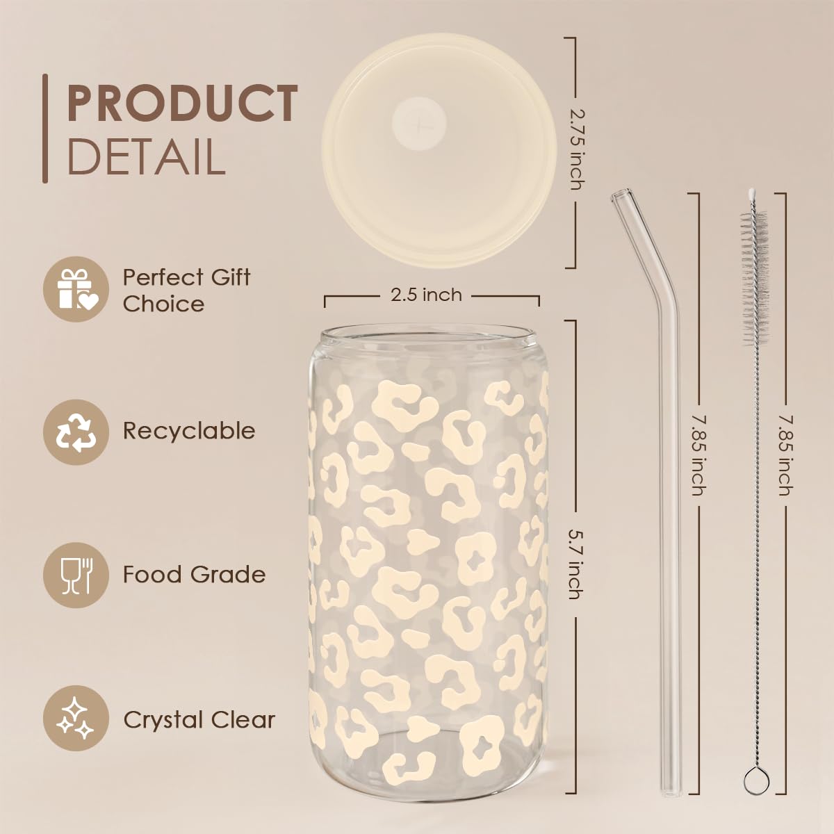 SANDJEST Leopard Glass Can, Beige Leopard Print Cup with Lid & Straw, Iced Coffee Aesthetic Cups, Gift for Christmas Birthday Mo