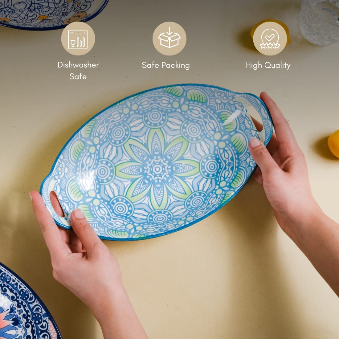 Nestasia Blue and Green Mandala Ceramic Long Dish with Handles for Serving Snacks, Appetizers, Salads, and Noodles| Microwave Sa