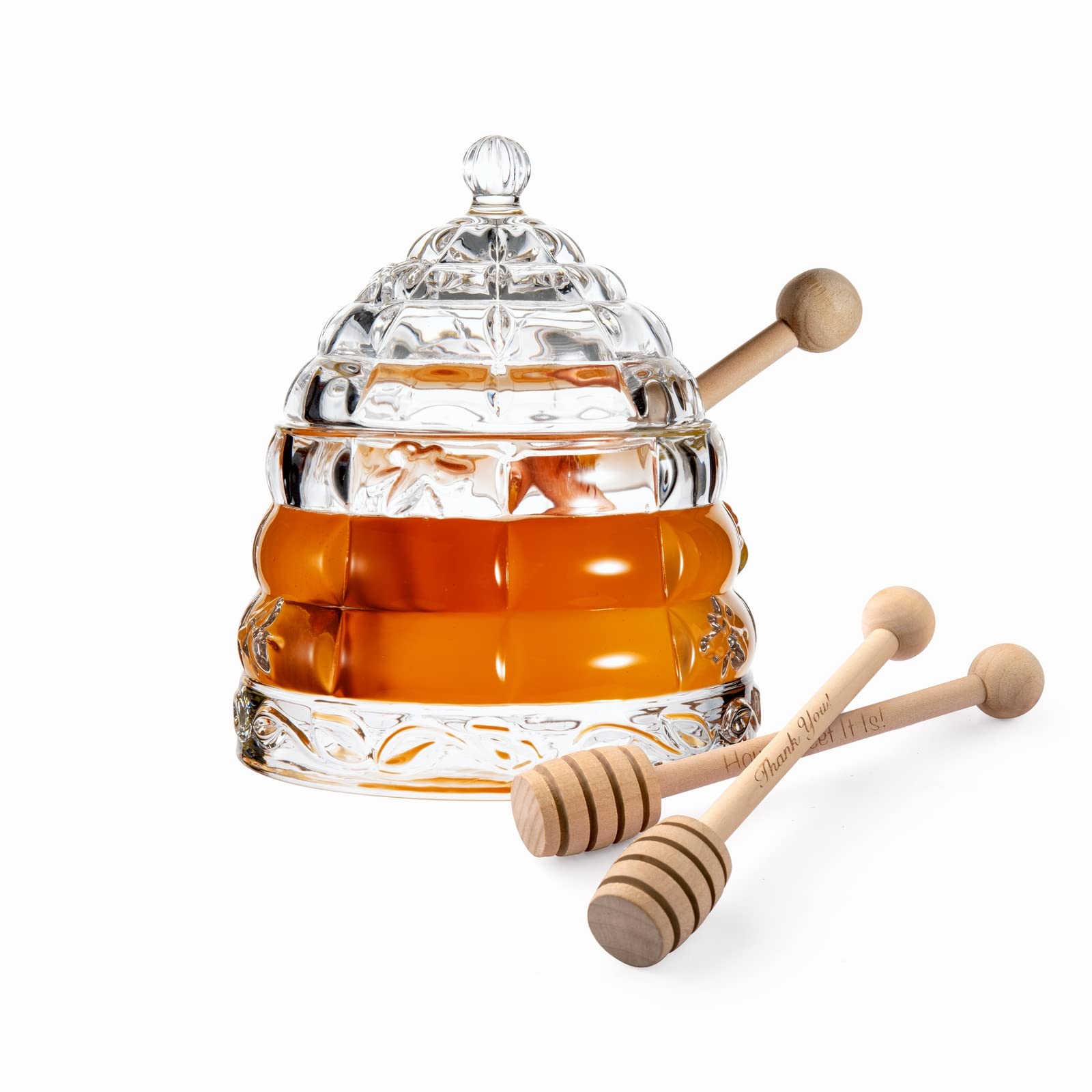 M&N HOME Honey Dish with 3 Dippers, Honey Jar, Large Glass Honey Pot storage with Lid and Inscribed Wooden Honey Dippers, Glass 