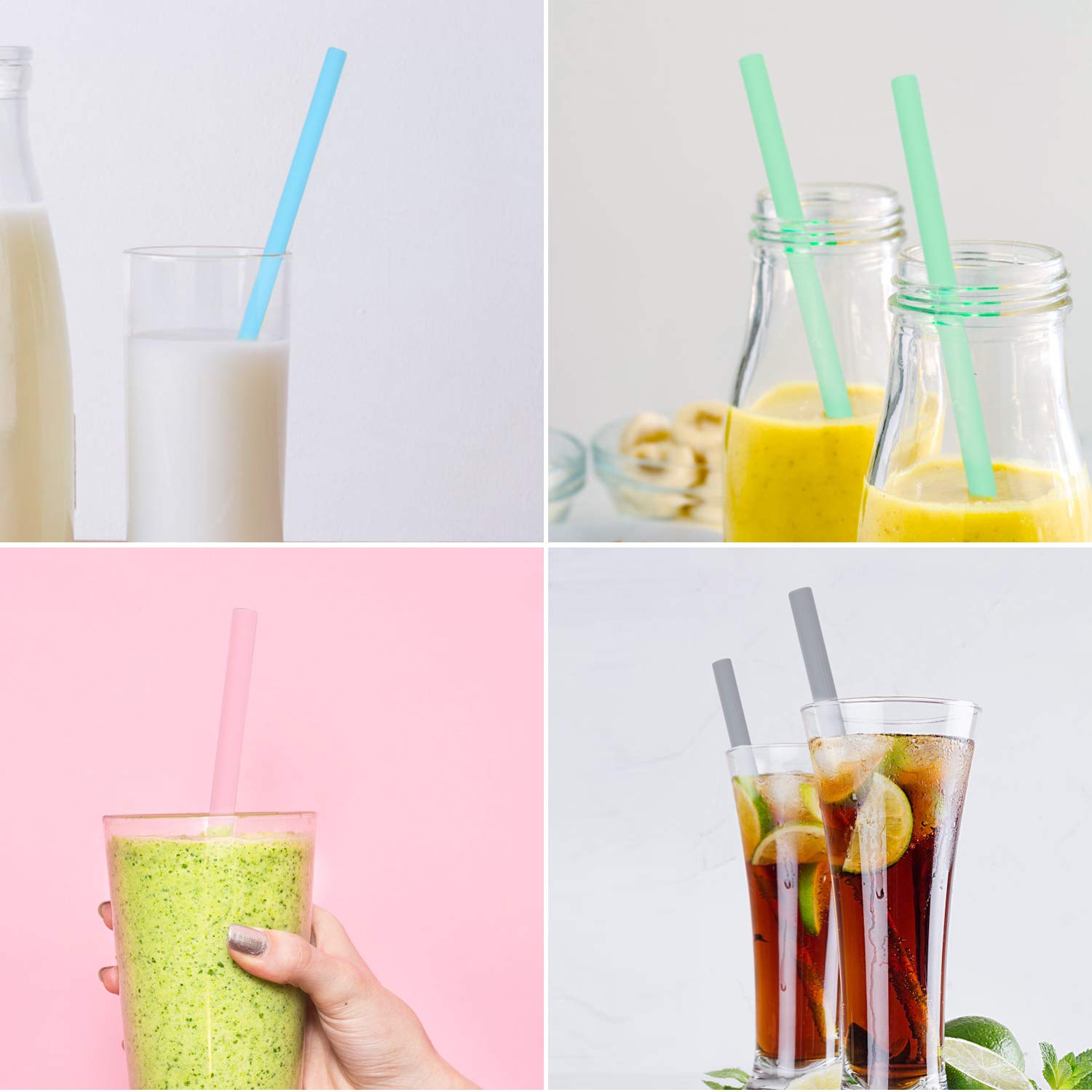 Sunseeke Silicone Straws Reusable - Odorless, 12 Standard Drinking Straws, 4 Carry Pouch, 2 Cleaning Brushes, Certificated Food
