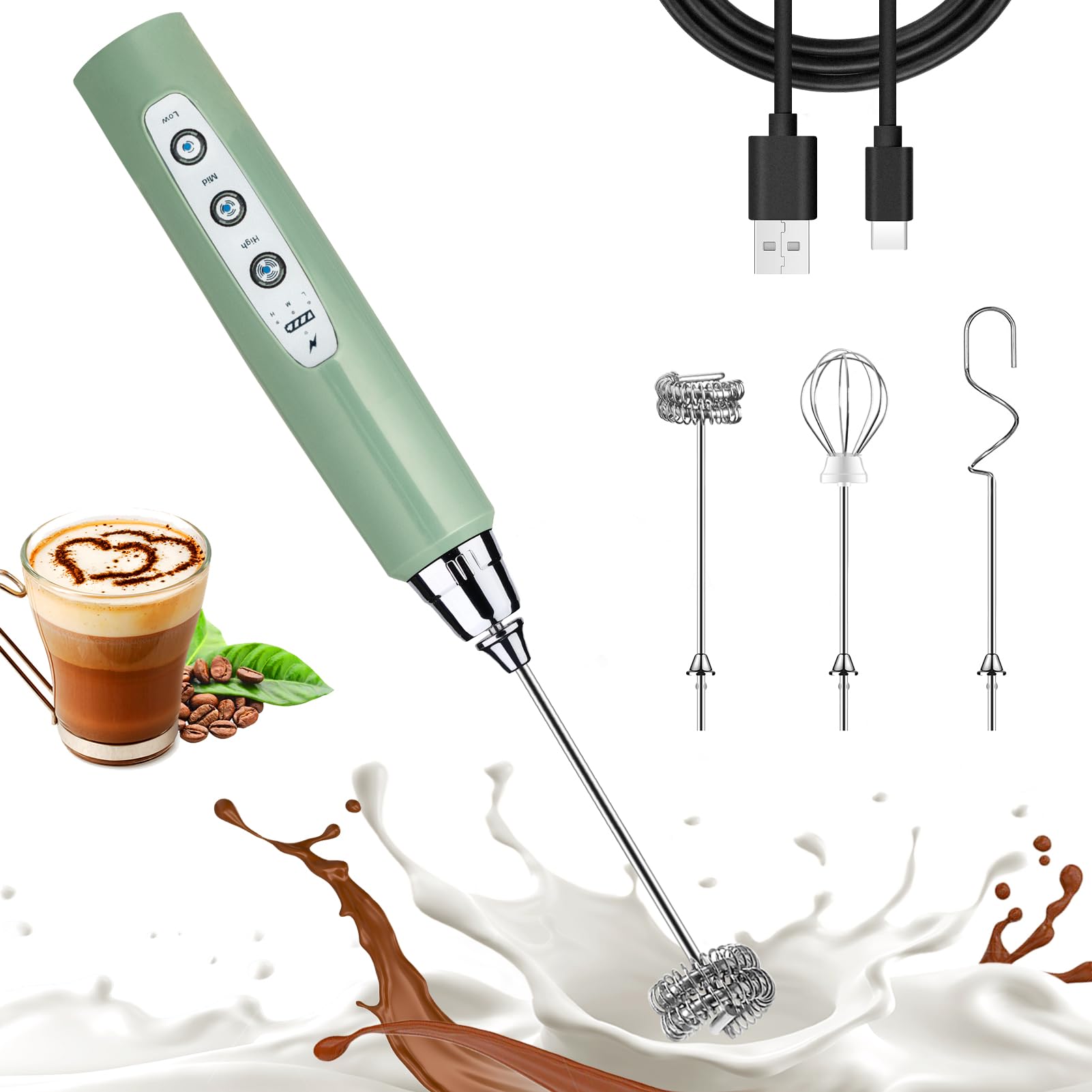 Nahida Granite Green Milk Frother Wand For Coffee, Frother Handheld Rechargeable Electric Whisk With 3 Heads 3 Speeds Drink Mixe