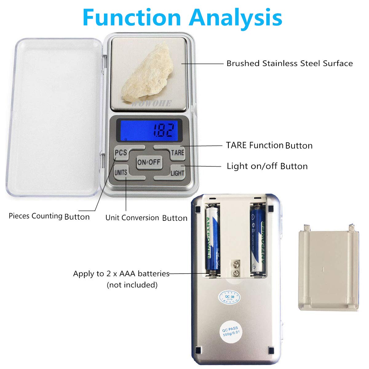 Wowohe Food Travel Scale Portable Pocket Scale Gram Capacity 500G Degital Kitchen Small Miniature Scale Lab Measuring Scale High