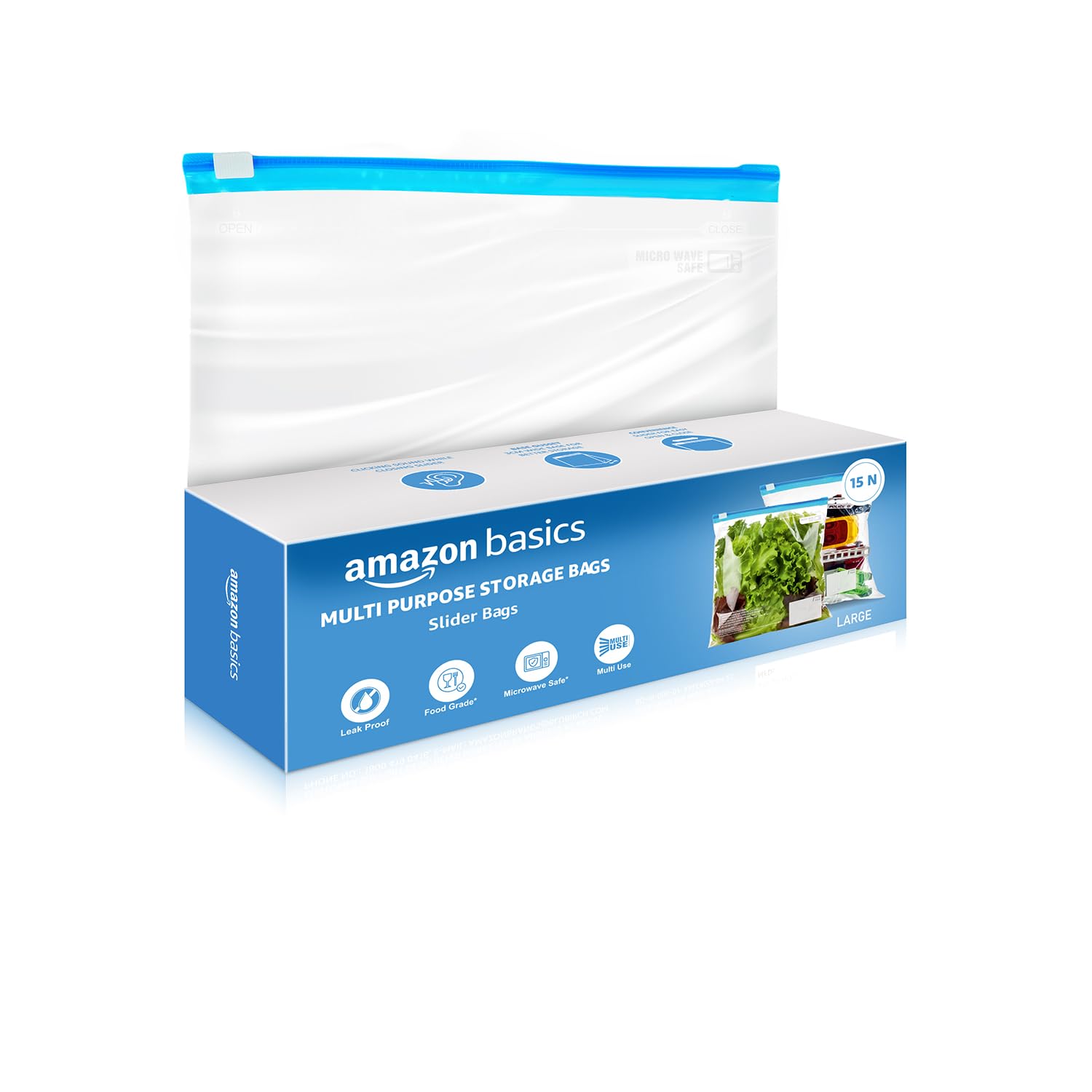 Amazon Basics - Multipurpose Slider Storage Bags | 15 Count | Large |Black | 31 X 35 Cm | Reusable And Reclosable | Material Pla