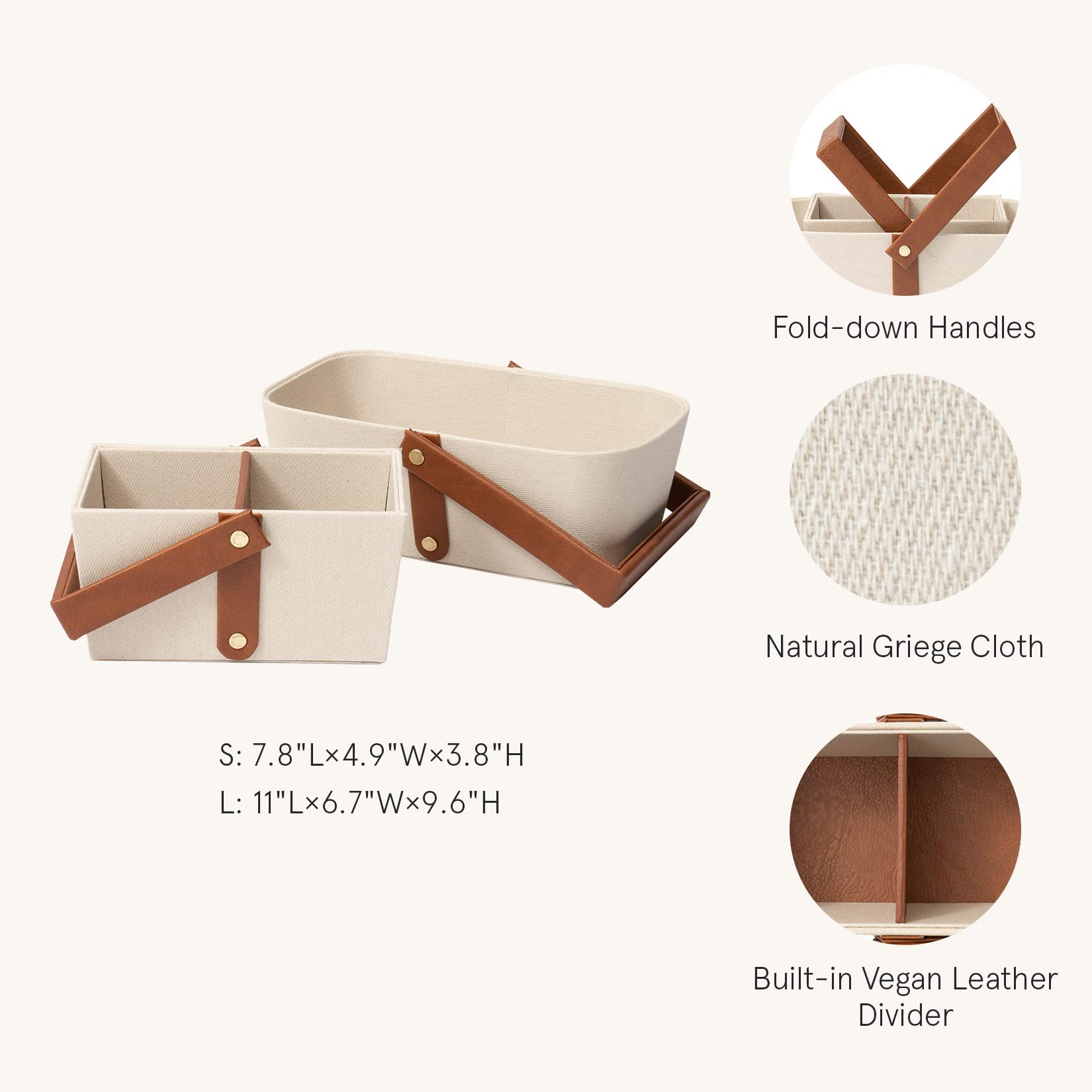 La Jolie Muse Storage Baskets For Organizing Makeup Storage, Bathroom Caddy, Divided Basket Bin With Greige Cloth, Vegan Leather