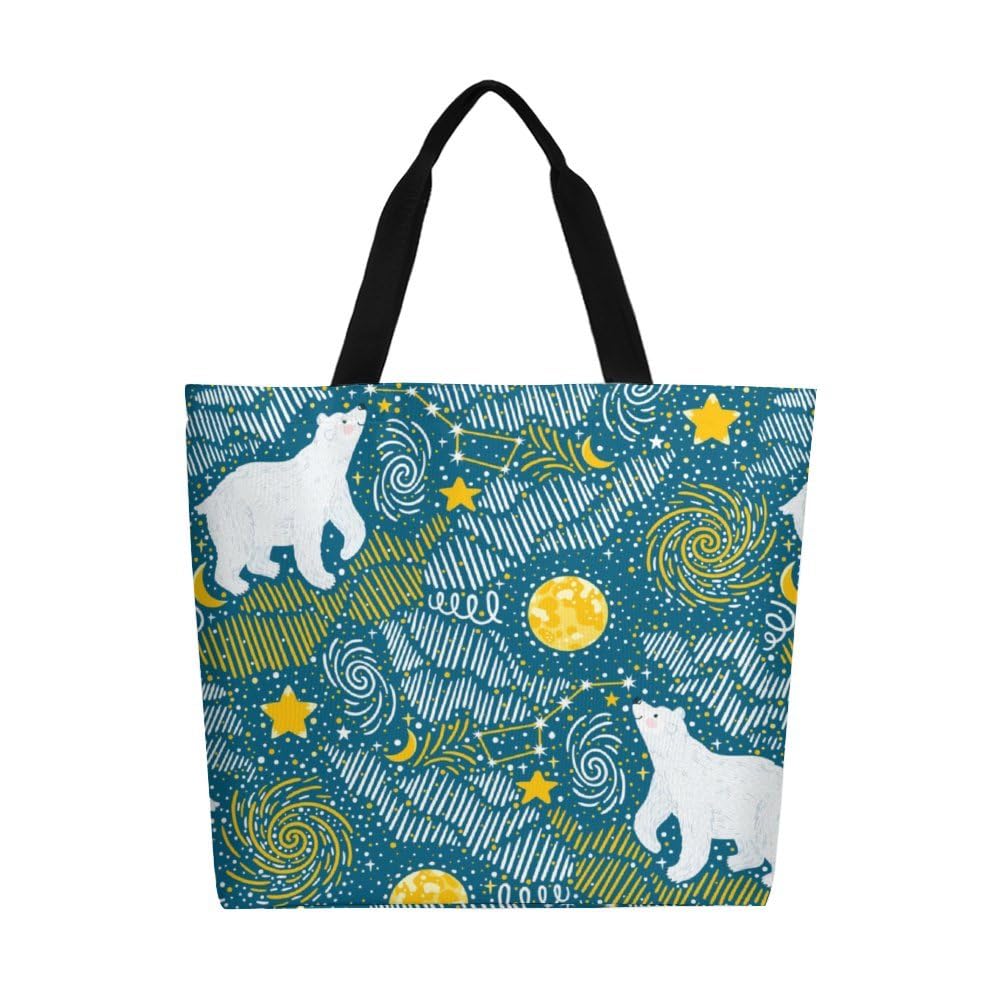 Muishi Polar Bears Star Canvas Tote Bag Large Women Casual Shoulder Bag Handbag Reusable Beach Shopping Grocery Bag For Outdoors